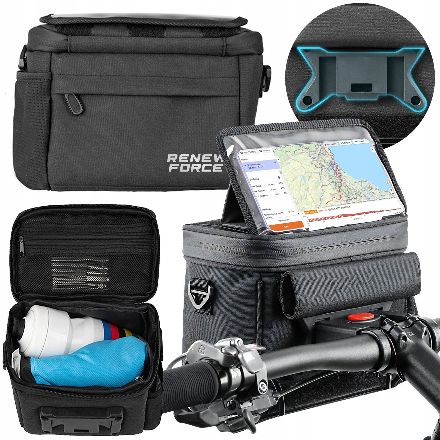 Renew Force Torba Rowerowa na Kierownicę Sakwa Uchwyt na Telefon Mapy Nawigację GPS BIC-BAR01