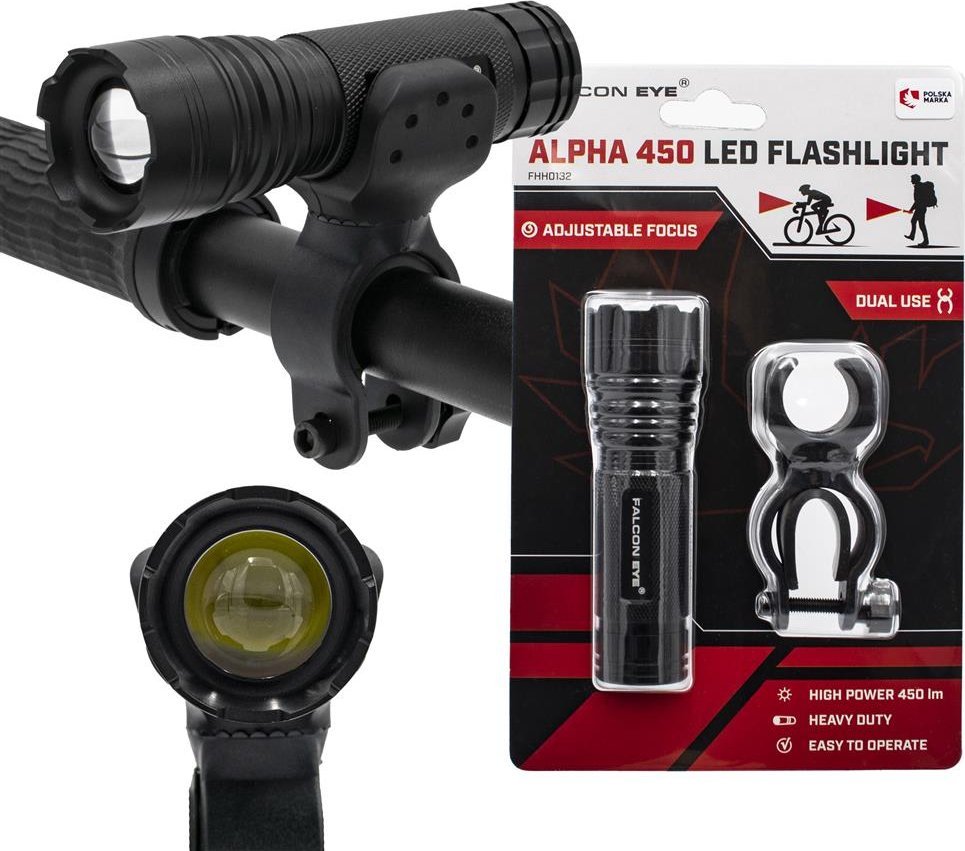 Falcon Eye Latarka ręczna Falcon Eye Alpha, 450 lm, uchwyt na kierownicę, bateryjna, focus