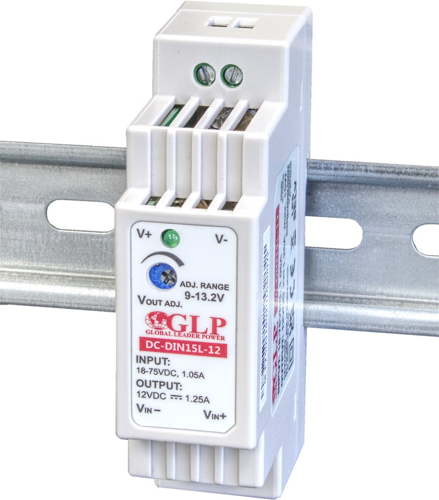 GLP Din Rail DC-DC converter 15W, 18-75V DC input, 12V/1.25A output (5902135167069)