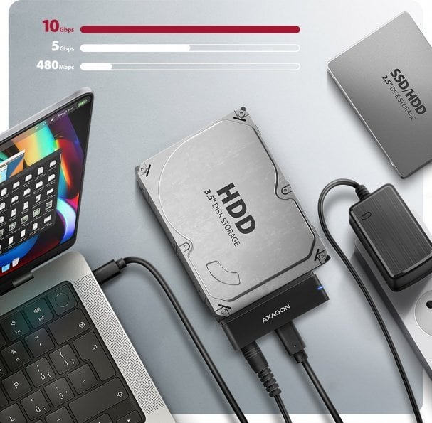 Kieszeń Axagon ADSA-FPX Adapter USB-C 10Gbps SATA 6G 2.5'/3.5' SSD/HDD FASTPORT X, w tym zasilacz, 6...