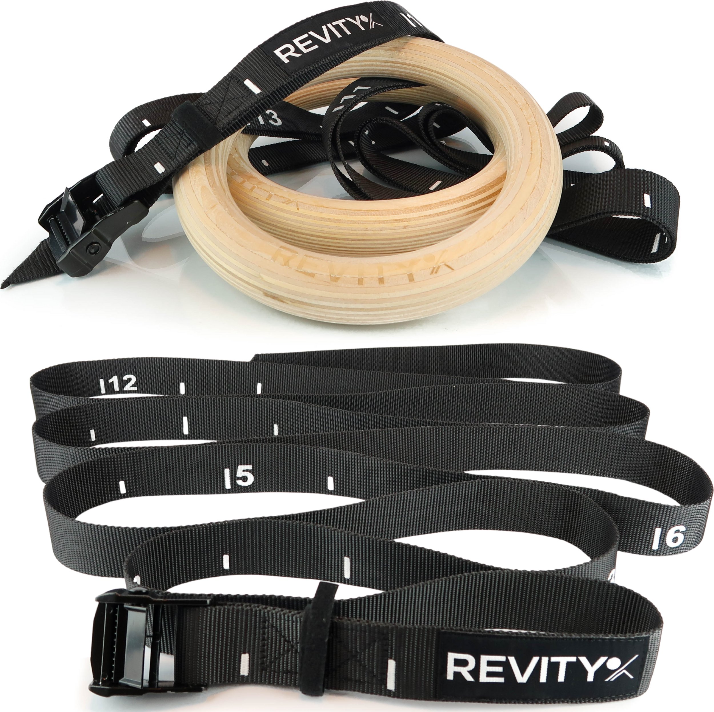 Revity Kółka gimnastyczne drewniane koła do ćwiczeń Gym Rings z miarką i owijkami