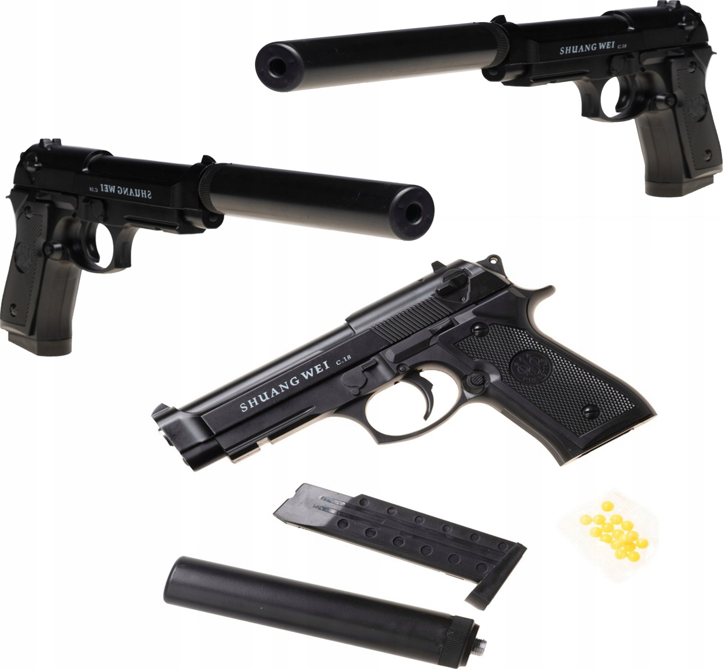 Skleplolki PISTOLET NA KULKI BERETTA REPLIKA METAL ASG TŁUMIK