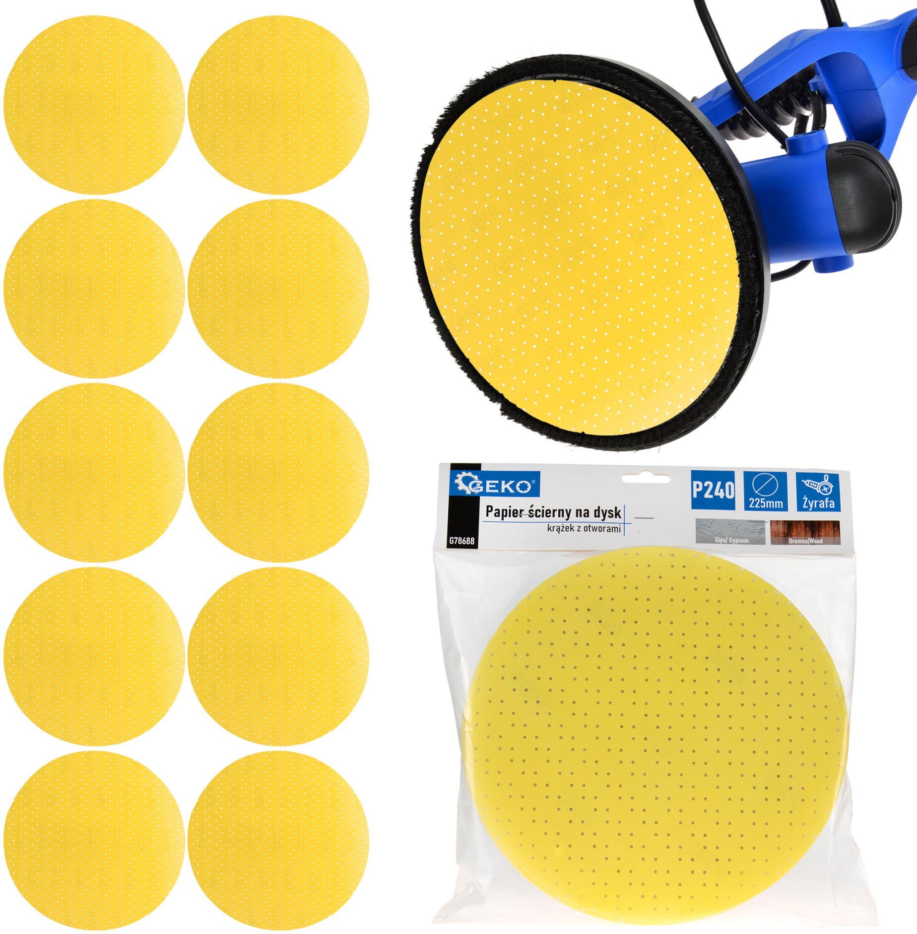 Geko Papier ścierny na dysk – krążek z otworami 225mm P240 /żyrafa/ (10/100/500)