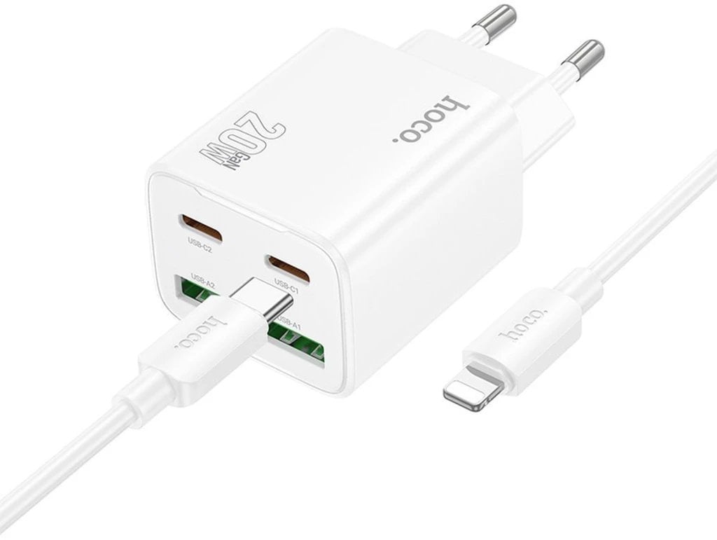 Ładowarka sieciowa do telefonu Hoco 2 x USB C + 2 x USB A QC3.0 PD 3A 20W + kabel USB C do Lightning N55 biała