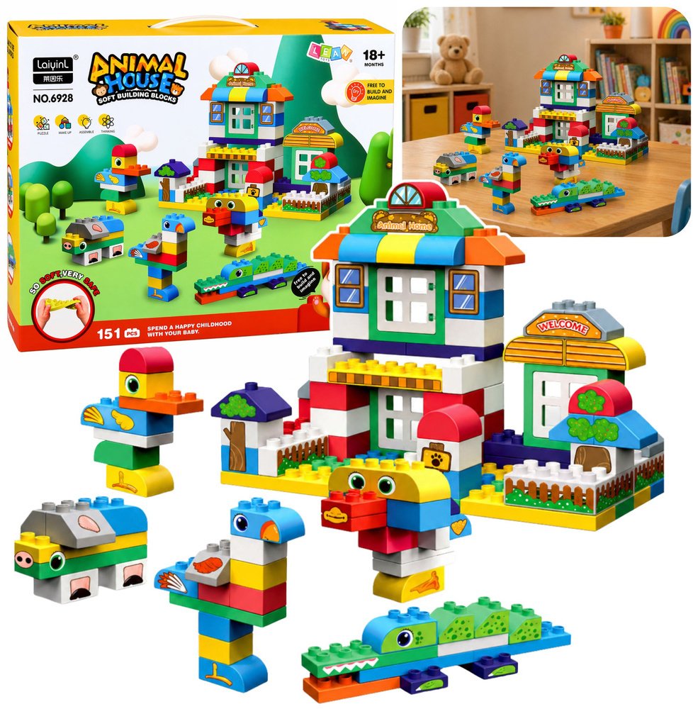 LeanToys Miękkie Klocki Konstrukcyjne Sensoryczne Silikonowe Domek Zwierząt 151 el.