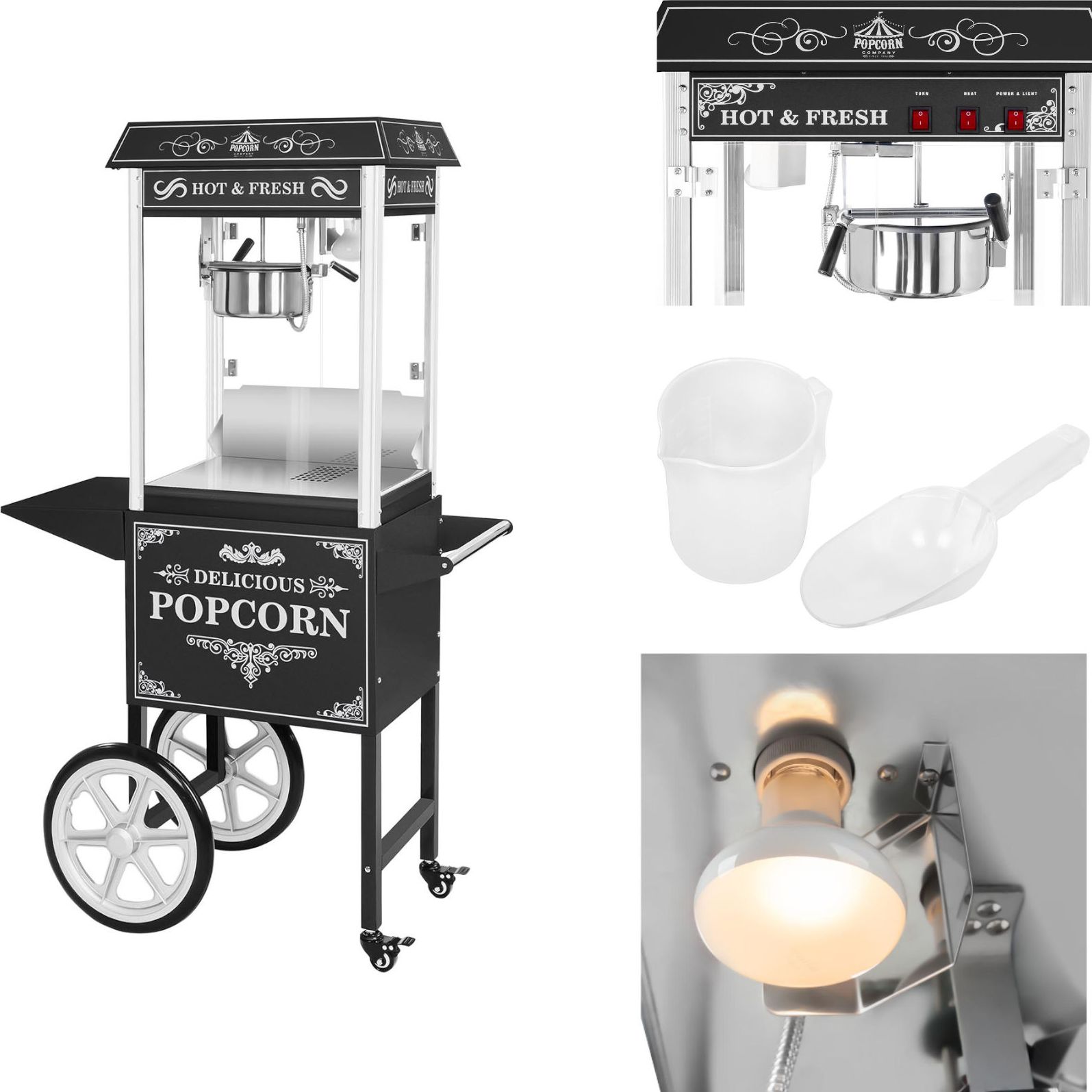 Royal Catering Profesjonalna wydajna maszyna do popcornu mobilna na wózku 230V 1.6kW czarna