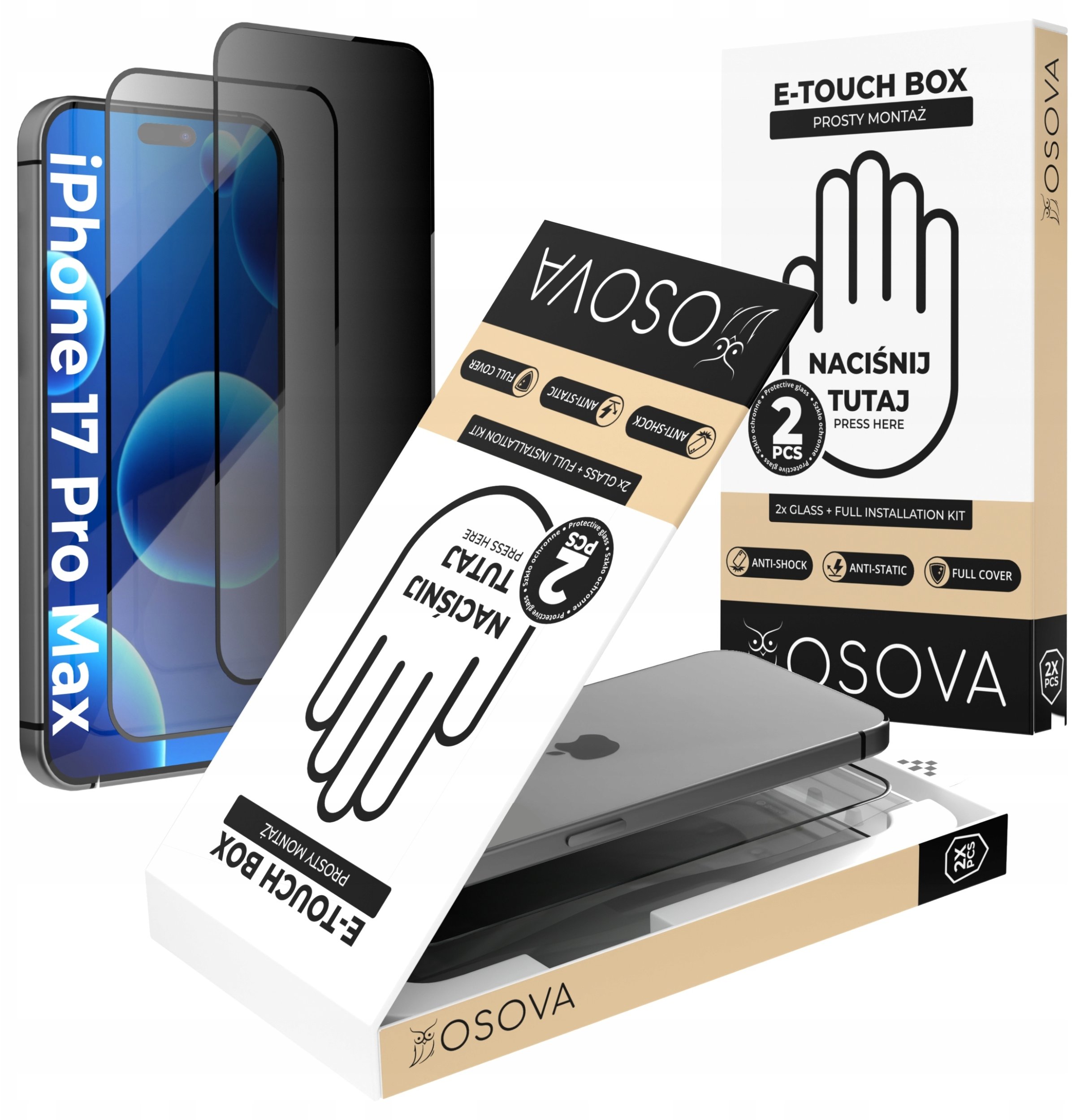 OSOVA SZKŁO PRYWATYZUJĄCE OSOVA do iPhone 17 Pro Max SZYBKA Z APLIKATOREM 2 szt