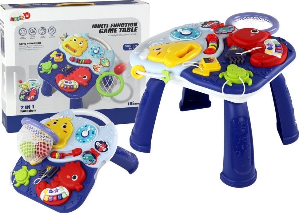 LeanToys Stolik Edukacyjny 2w1 Zwierzęta Morskie Pianinko Zegar Kosz Piłki
