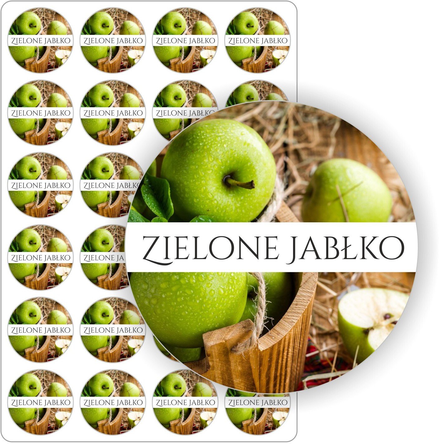Stabilus etykiety etykietki nalepki naklejki samoprzylepne kolorowe ZIELONE JABŁKO mydła świece olejki 5 cm (E-OWO_ZJA_C5)