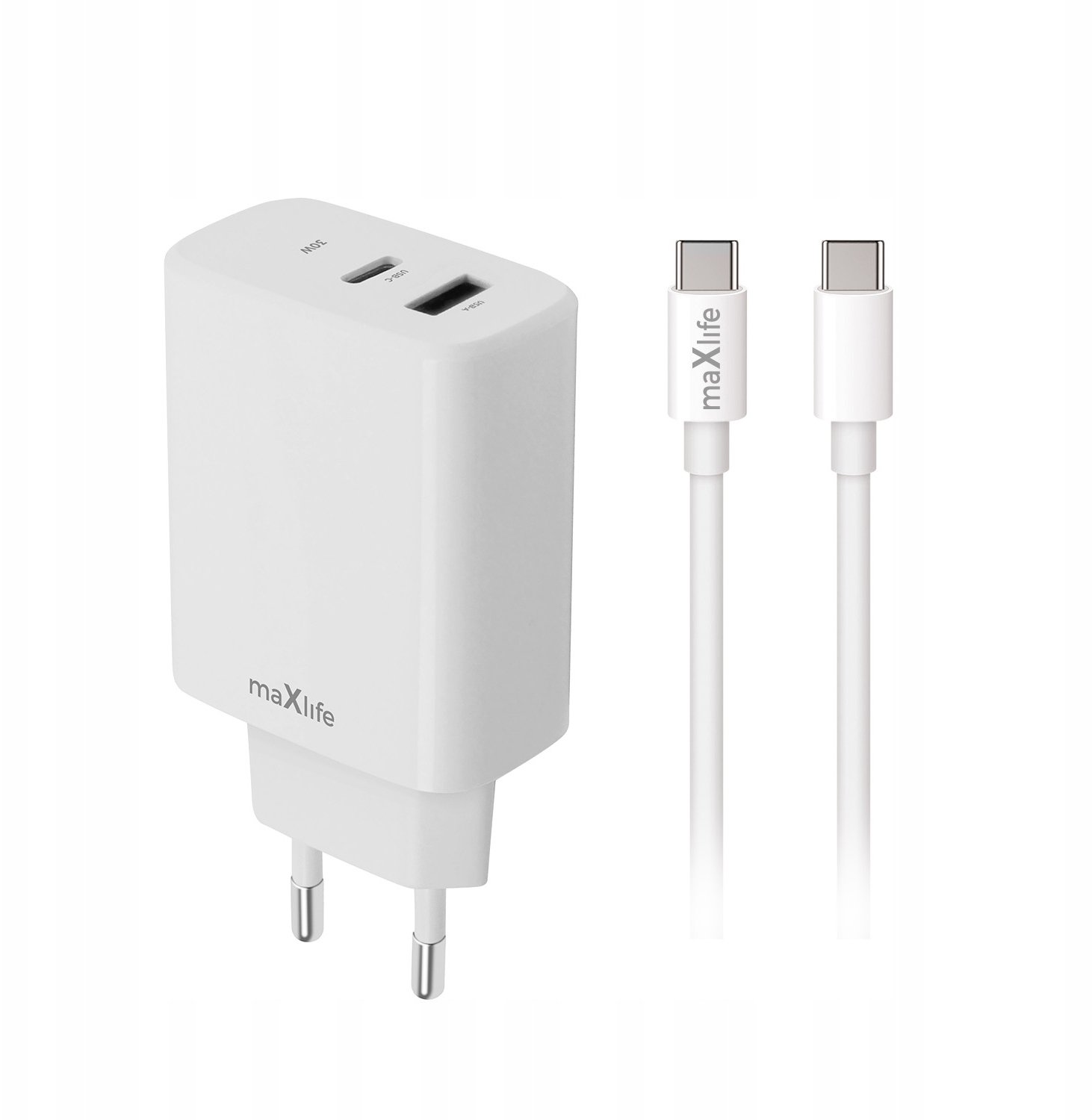 Ładowarka TelForceOne Maxlife ładowarka sieciowa PD QC MXTC-10-20AC 1x USB-C 1x USB 20W biała + kabel USB-C - USB-C 20W