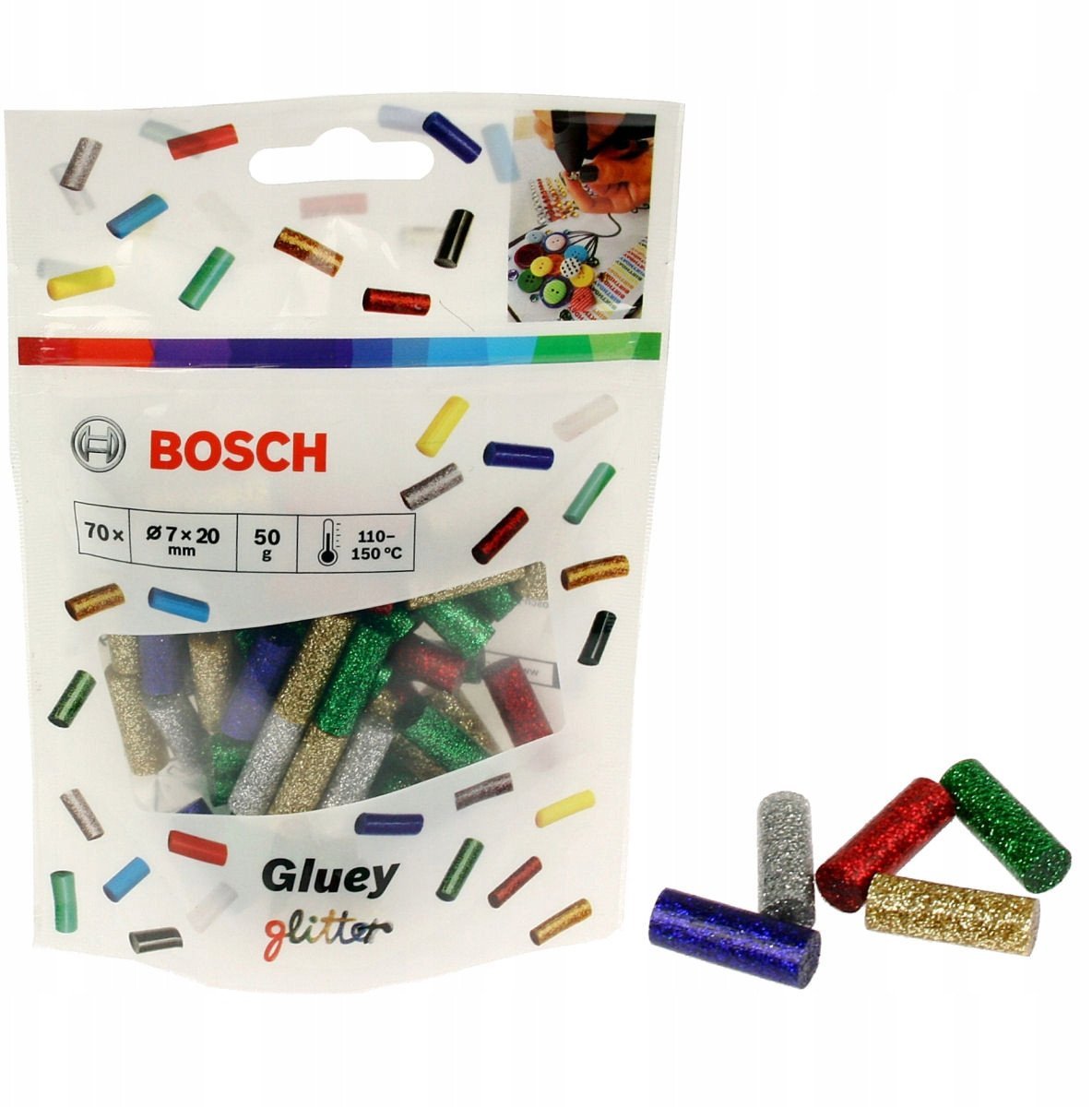 Pistolet do kleju Bosch Hot glue sticks, glitter effect 70pcs. Gluey blue-green-red-silver-gold