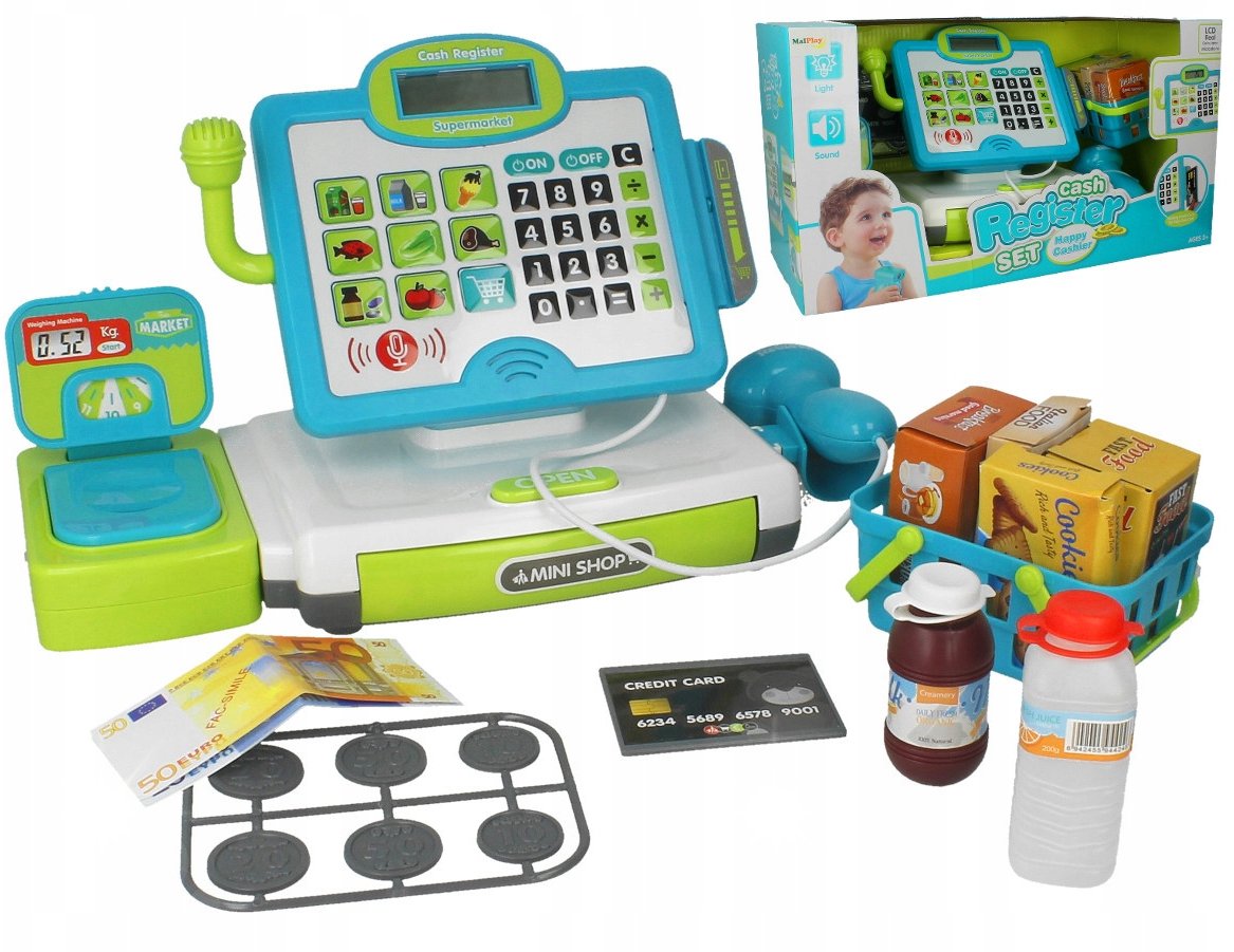 AIG KASA FISKALNA SKLEPOWA DLA DZIECI AKCESORIA KOSZYK WAGA SKANER BANKNOTY LCD