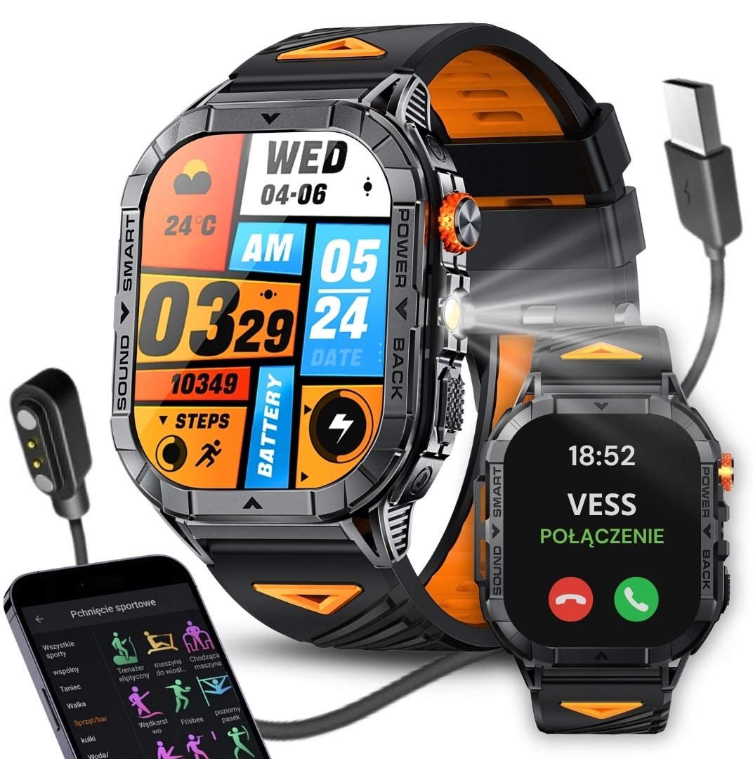 SMARTWATCH SPORTOWY MĘSKI POŁĄCZENIA BLUETOOTH WODOODPORNY PL MENU