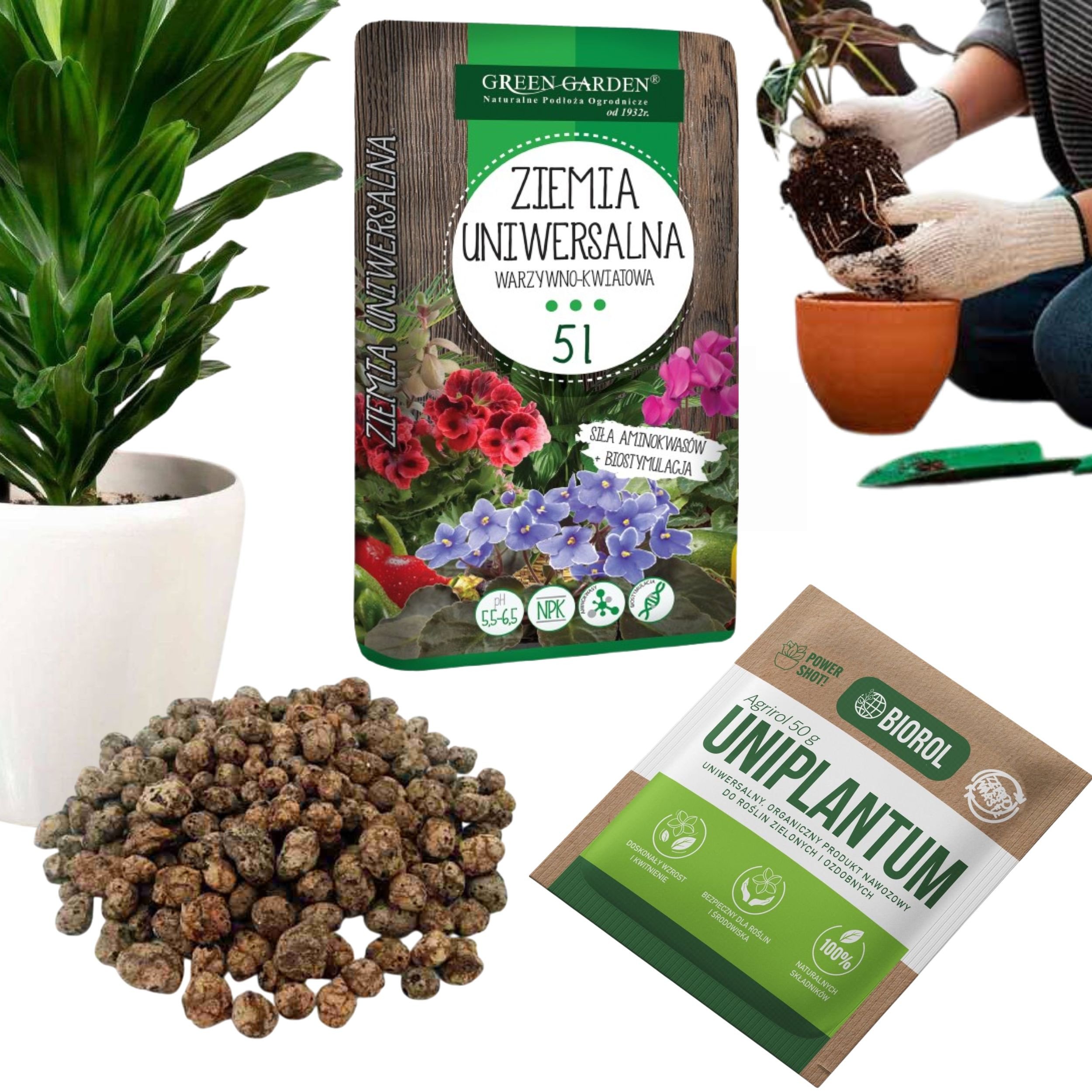 Zestaw do przesadzania roślin doniczkowych - keramzyt 5L, podłoże 5L, nawóz