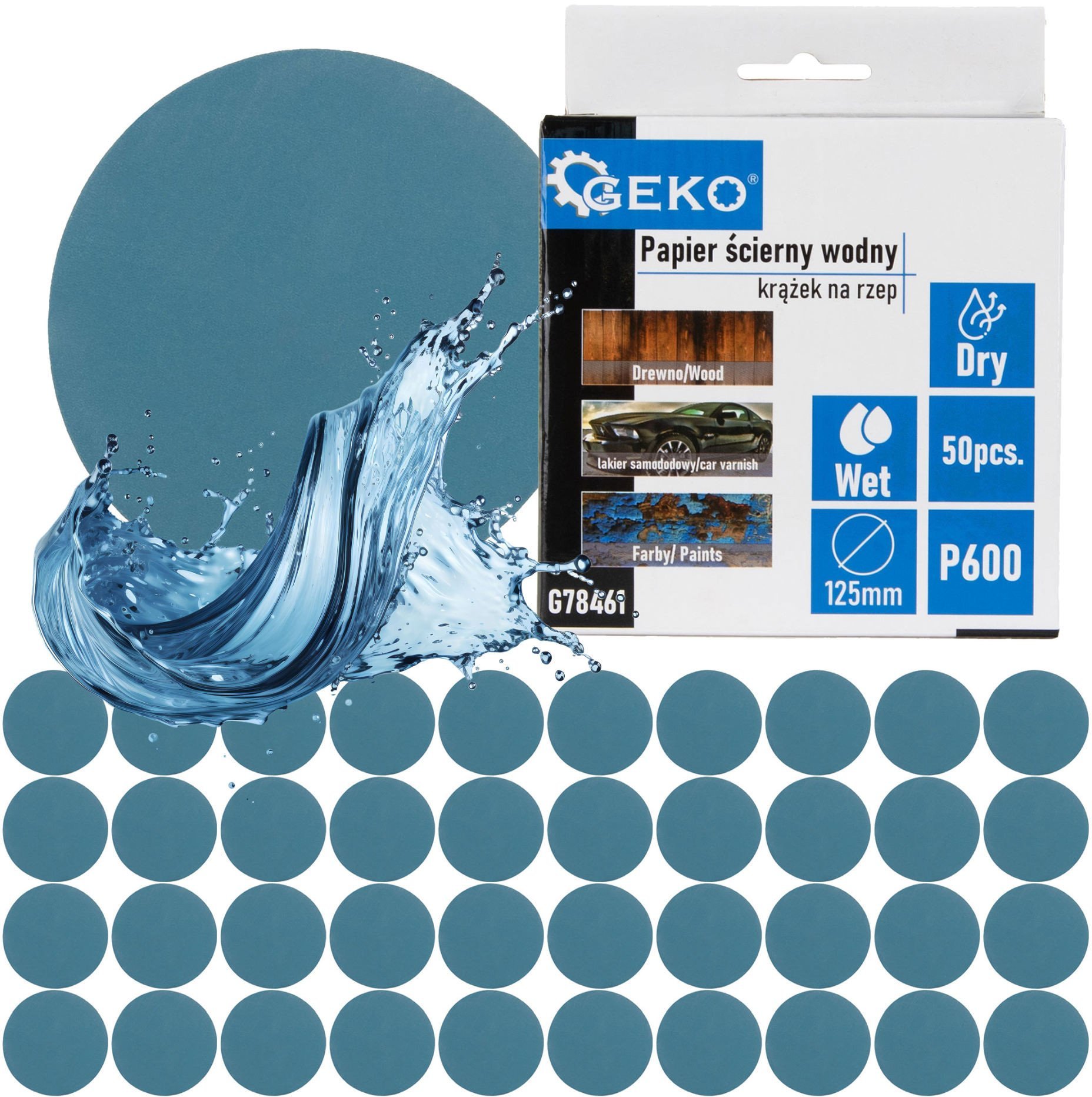 Geko Papier ścierny wodny – krążek na rzep 125mm P600 (50/1000)