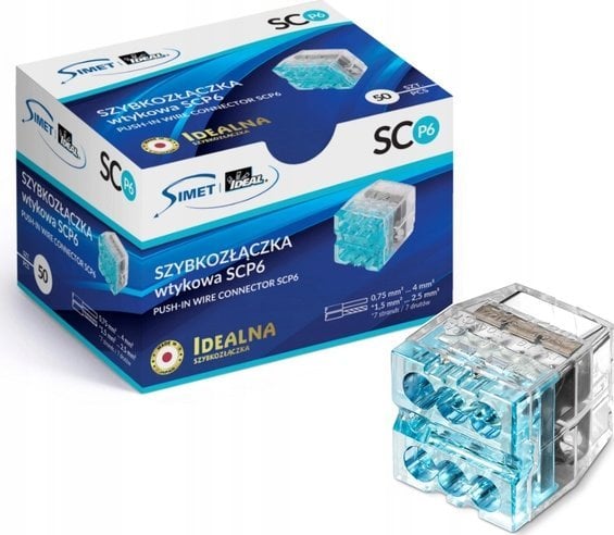 Simet Szybkozłączka wciskana do drutów 6x 0,75-4mm2 24A Simet Ideal SCP6 88000003S transparentna/niebieska
