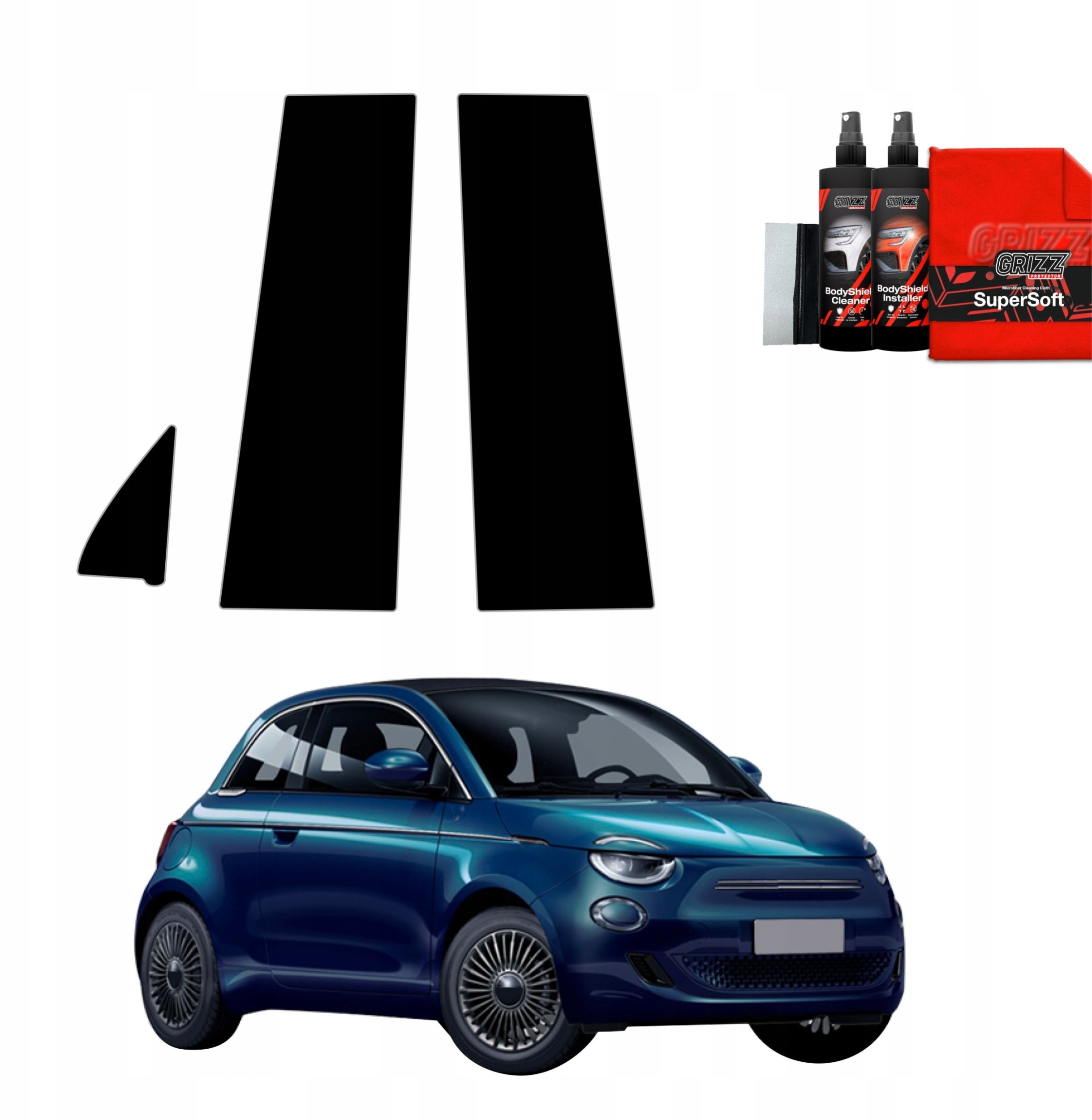 GrizzGlass Czarna folia na słupki GrizzGlass BodyShield do Fiat 500 (2016-2025) [3w1]