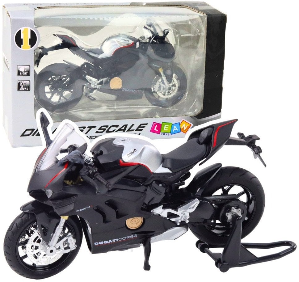 LeanToys Motocykl Sportowy Metalowy Światła Dźwięki Srebrne Elementy Czarny V4 1:12