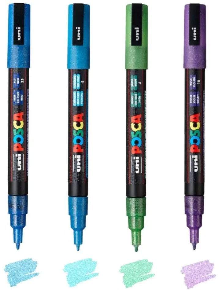 Posca POSCA PC-3M 4 szt. Glitter, Zimne (Niebieski, Jasny Niebieski, Zielony, Fioletowy)