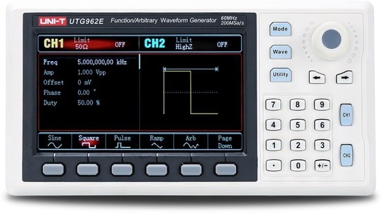 Funkcinis ir laisvos formos signalu generatorius, 60MHz; 2 kanalai, 14bit, 200 MSa/s, LCD TFT 4,3"; UNI-T
