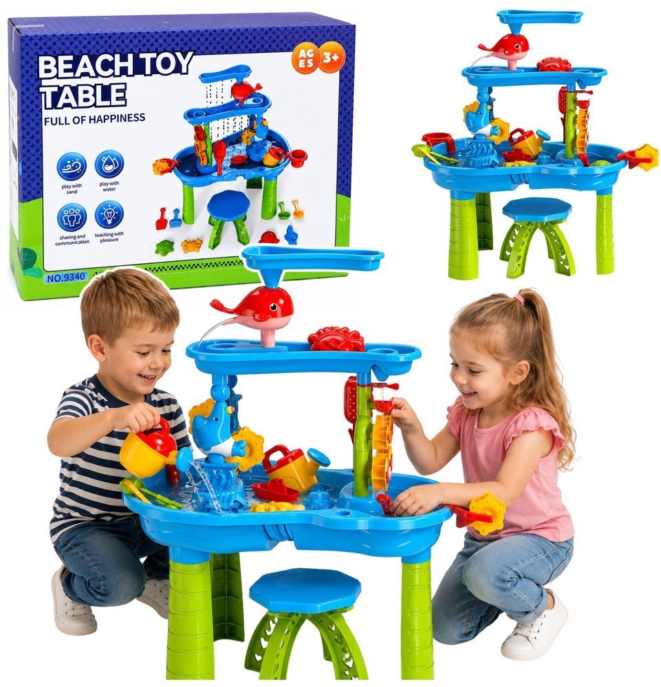 LeanToys Wielopoziomowy Stolik Wodny Plac Zabaw Z Krzesełkiem Akcesoria Foremki 63cm EDUKAMP (31988)...