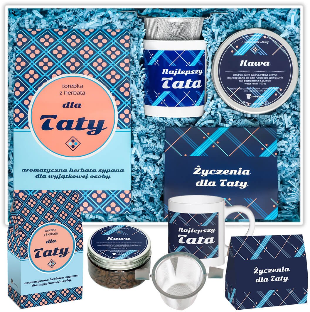 Personalizowany Box dla Taty - kawa smakowa, herbata sypana, kubek, zaparzacz, etykieta z personalizowanym nadrukiem na prezent upominek dla ojca