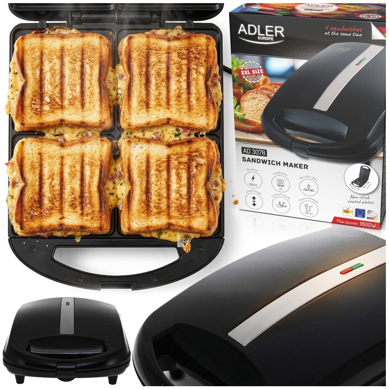 Opiekacz ACM -ACM AD 3078 Opiekacz do 4 kanapek | Powłoka nieprzywierająca | Przechowywanie pionowe