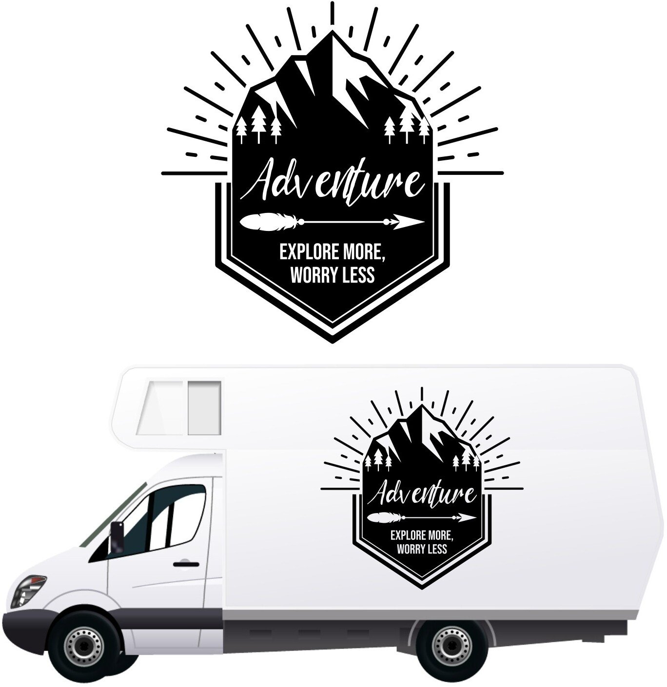 BT21 NAKLEJKA NA BOK AUTA dekoracyjna wodoodporna las strzałka Adventure napis góry KAMPER przyczepę kempingową camper auto samochód 70cm
