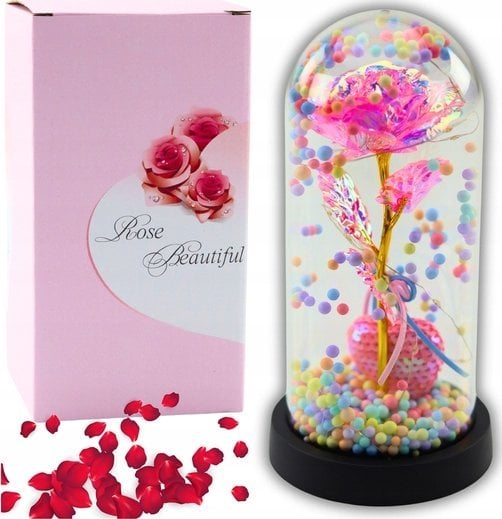 Wieczna Róża w Kopule z Oświetleniem LED Różowa z Serduszkiem i Kuleczkami