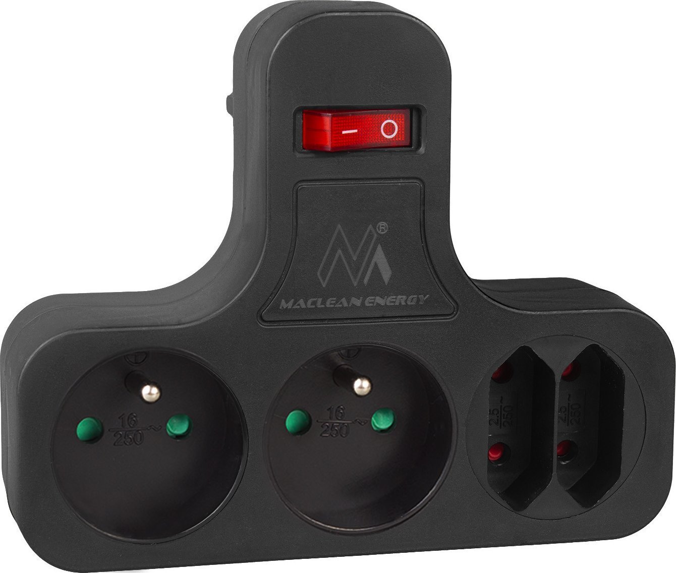 Maclean Gniazdko prądowe Maclean, Poczwórne z wyłącznikiem, nóżką stabilizującą, Typu E, 2x2,5A, 2x16A, MCE224 E/B