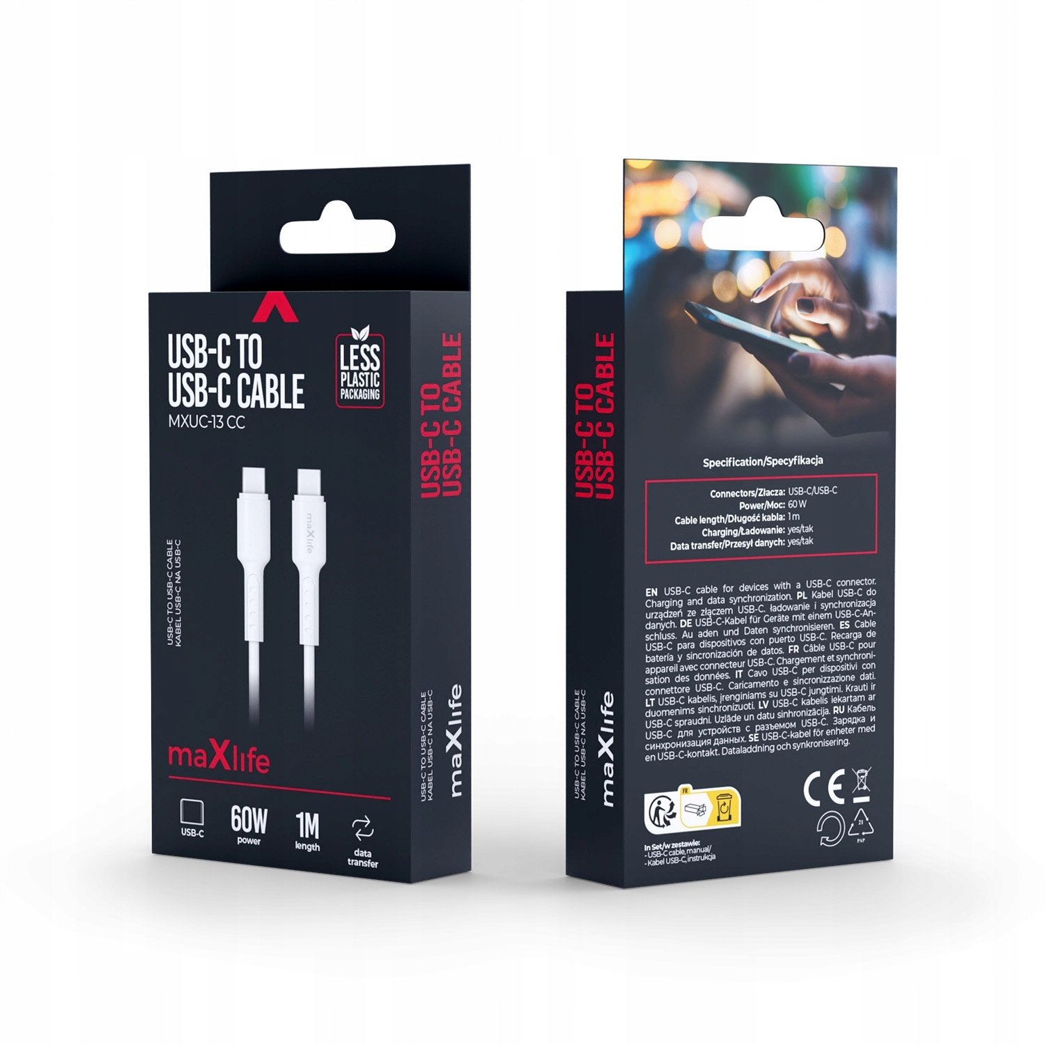 Maxlife kabel MXUC-13 USB-C - USB-C 1,0 m 60W biały