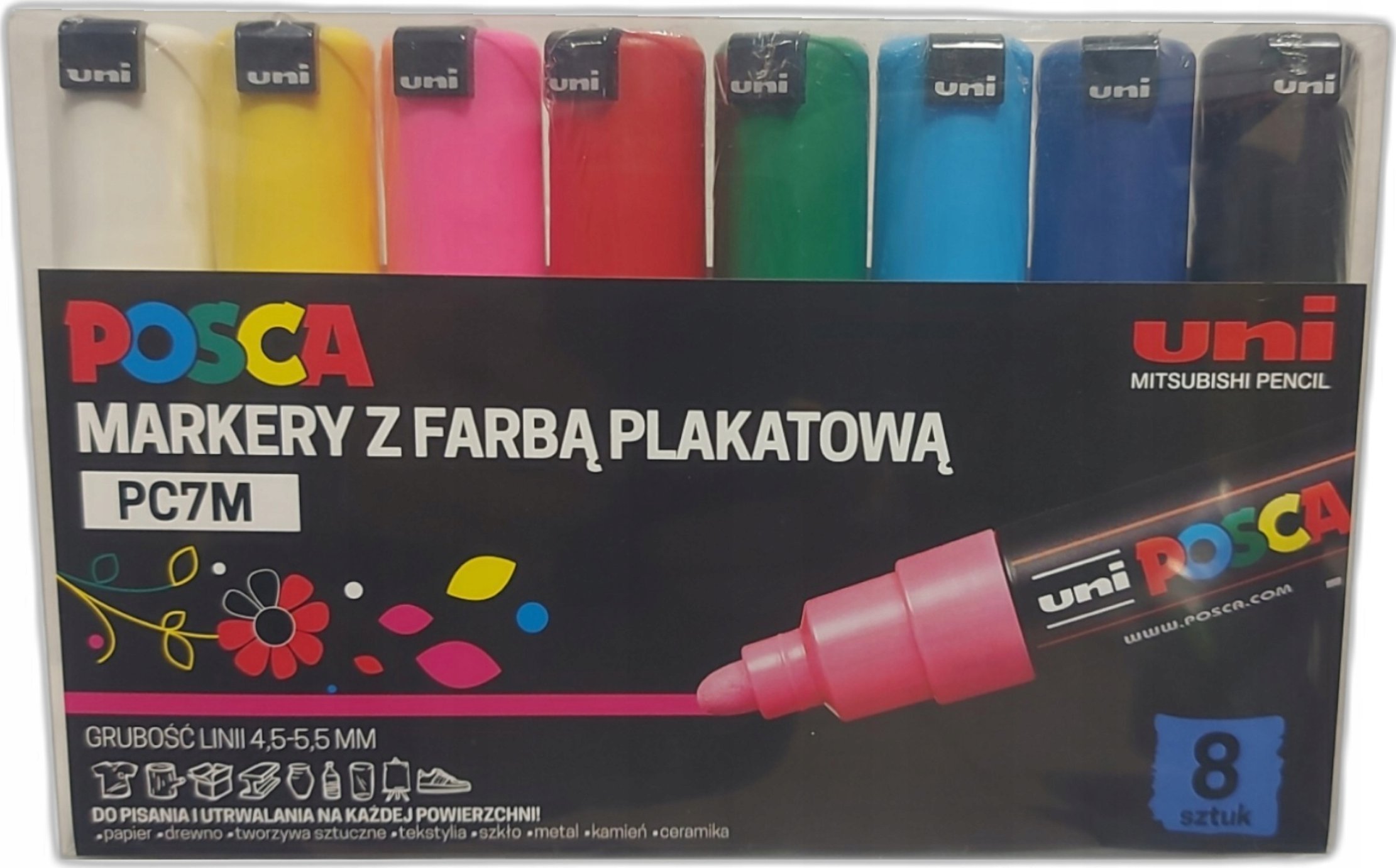 Uni Mitsubishi Pencil Markery plakatowe PC-7M 8 kolorów POSCA UNI