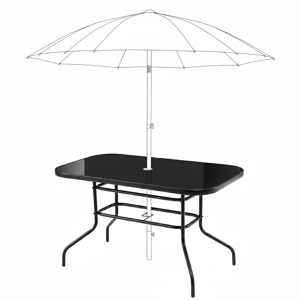 Bauerkraft Duży szklany stół ogrodowy na taras balkon 120x70 czarny otwór na parasol