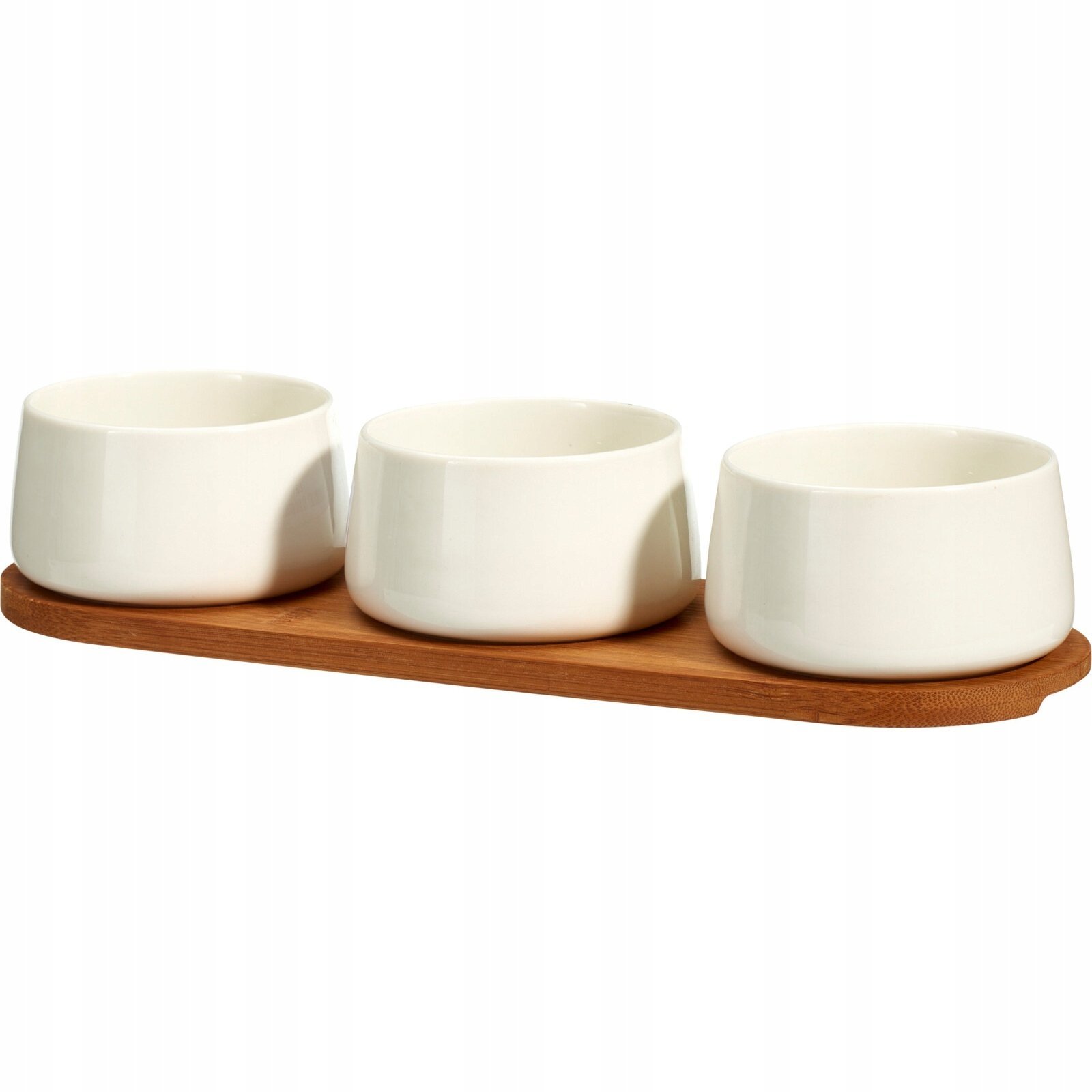 Secret de Gourmet Zestaw porcelanowych miseczek na dipy, 3 x 200 ml, bambusowa taca