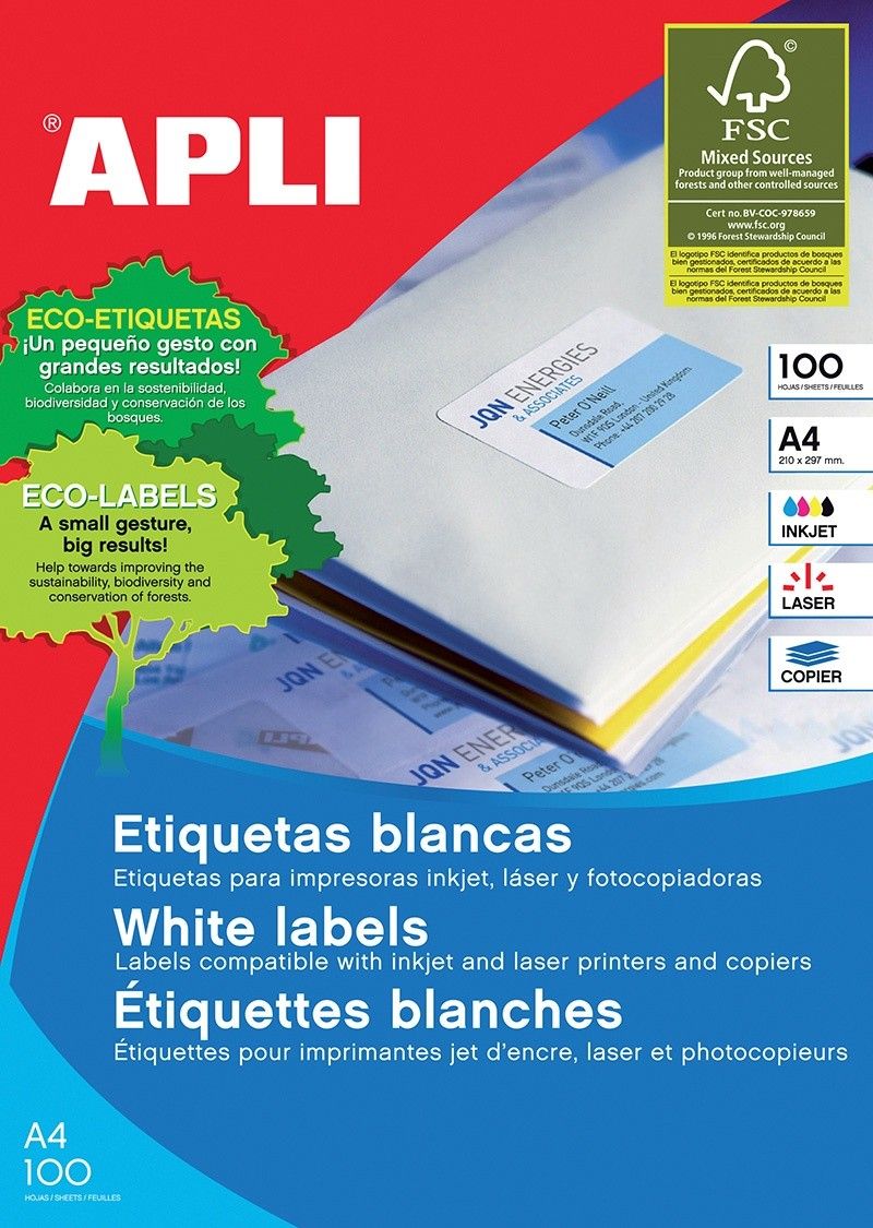 Apli Etykiety uniwersalne APLI, 70x50,8mm, prostokątne, białe 100 ark.