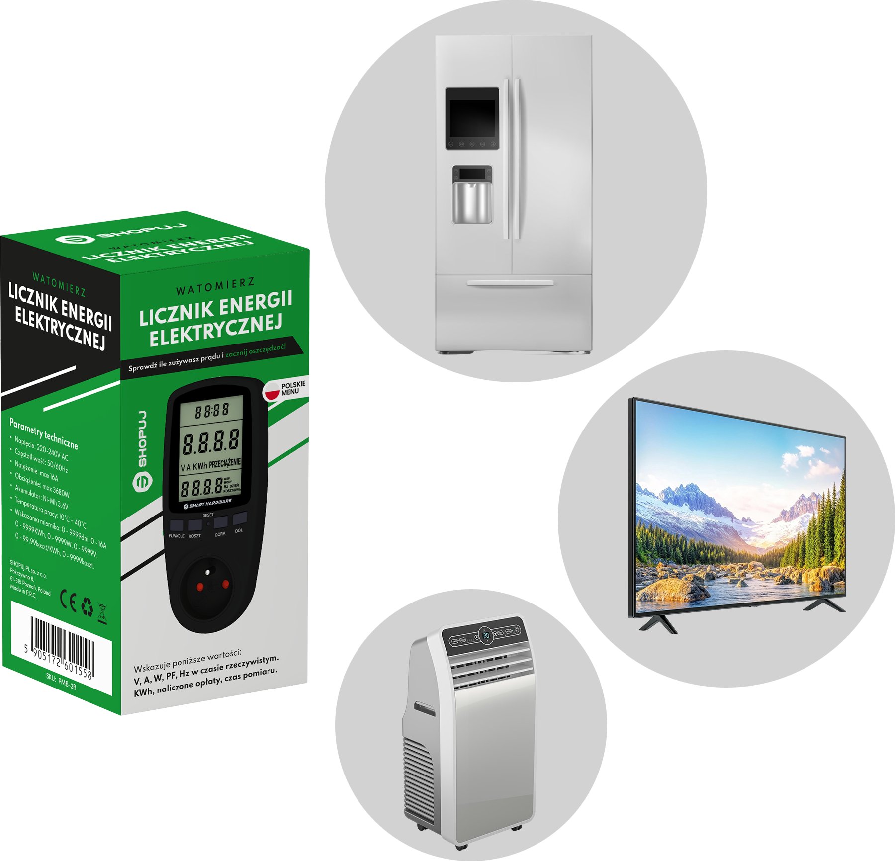 Smart Hardware Watomierz Licznik energii elektrycznej Miernik Amperomierz Polskie menu
