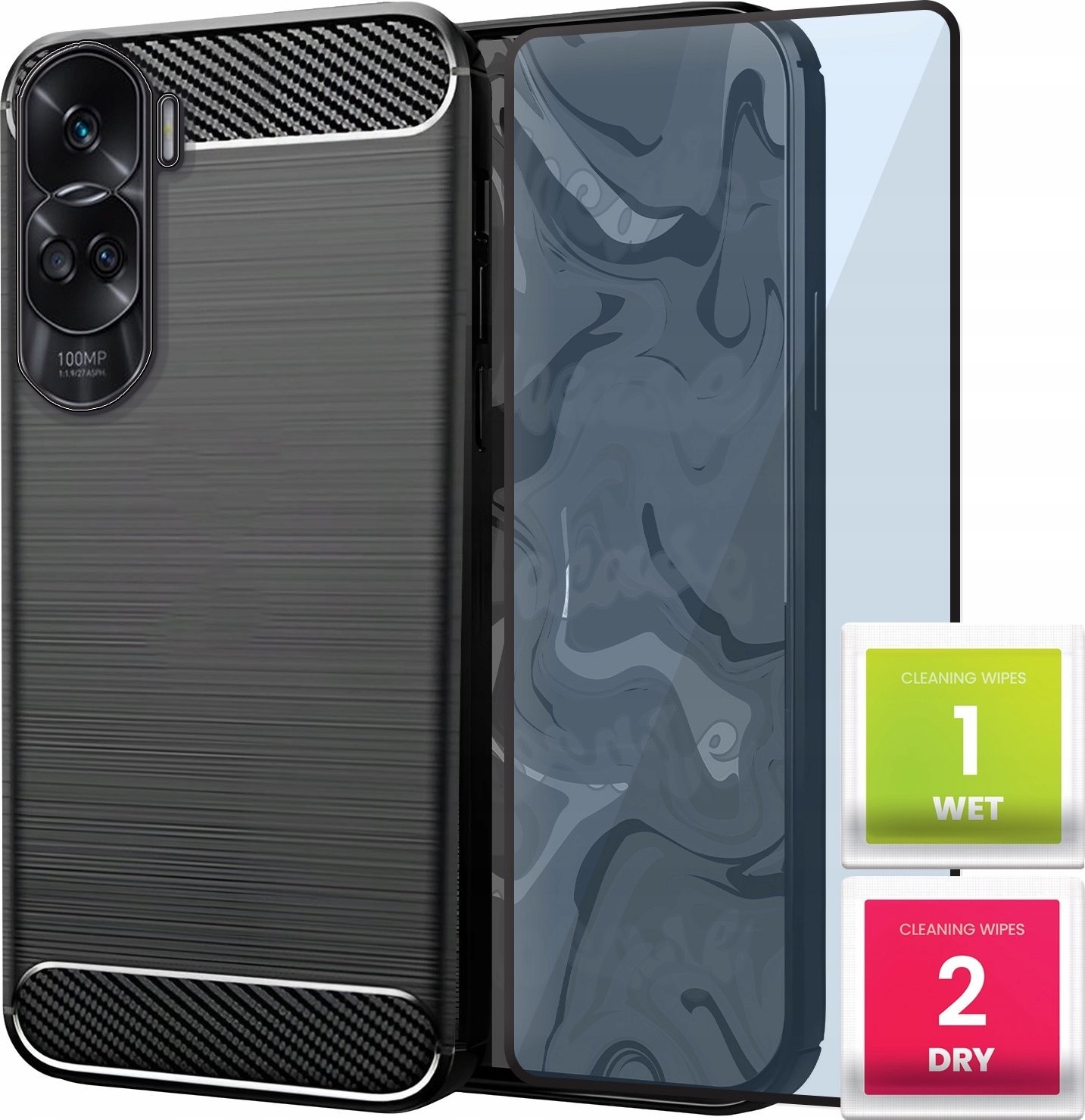 Etui do Honor 90 Lite 5G (Czarne, Karbon, Pancerne, Case, Plecki) Szkło