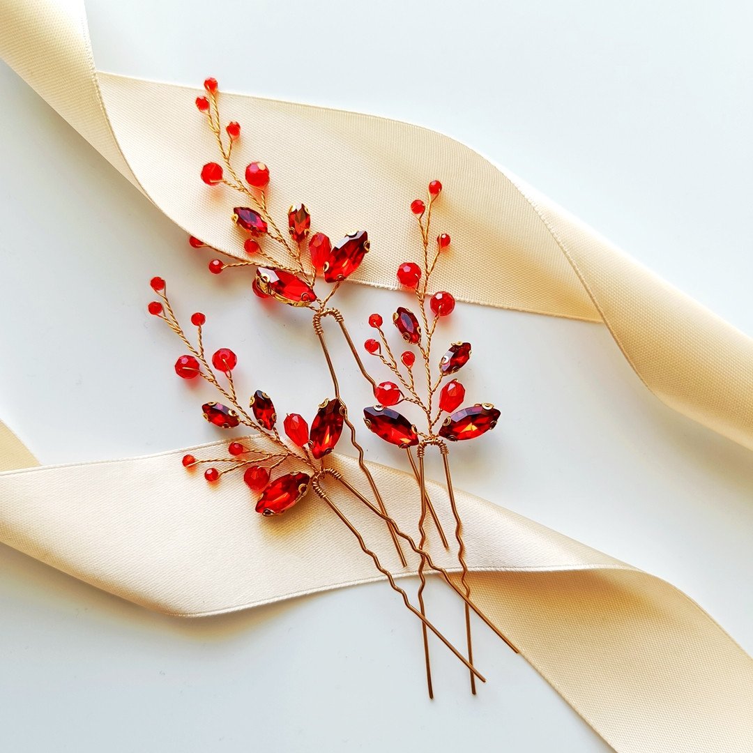 KOMPLET ozdób do włosów czerwonych złotych efektownych z kryształkami