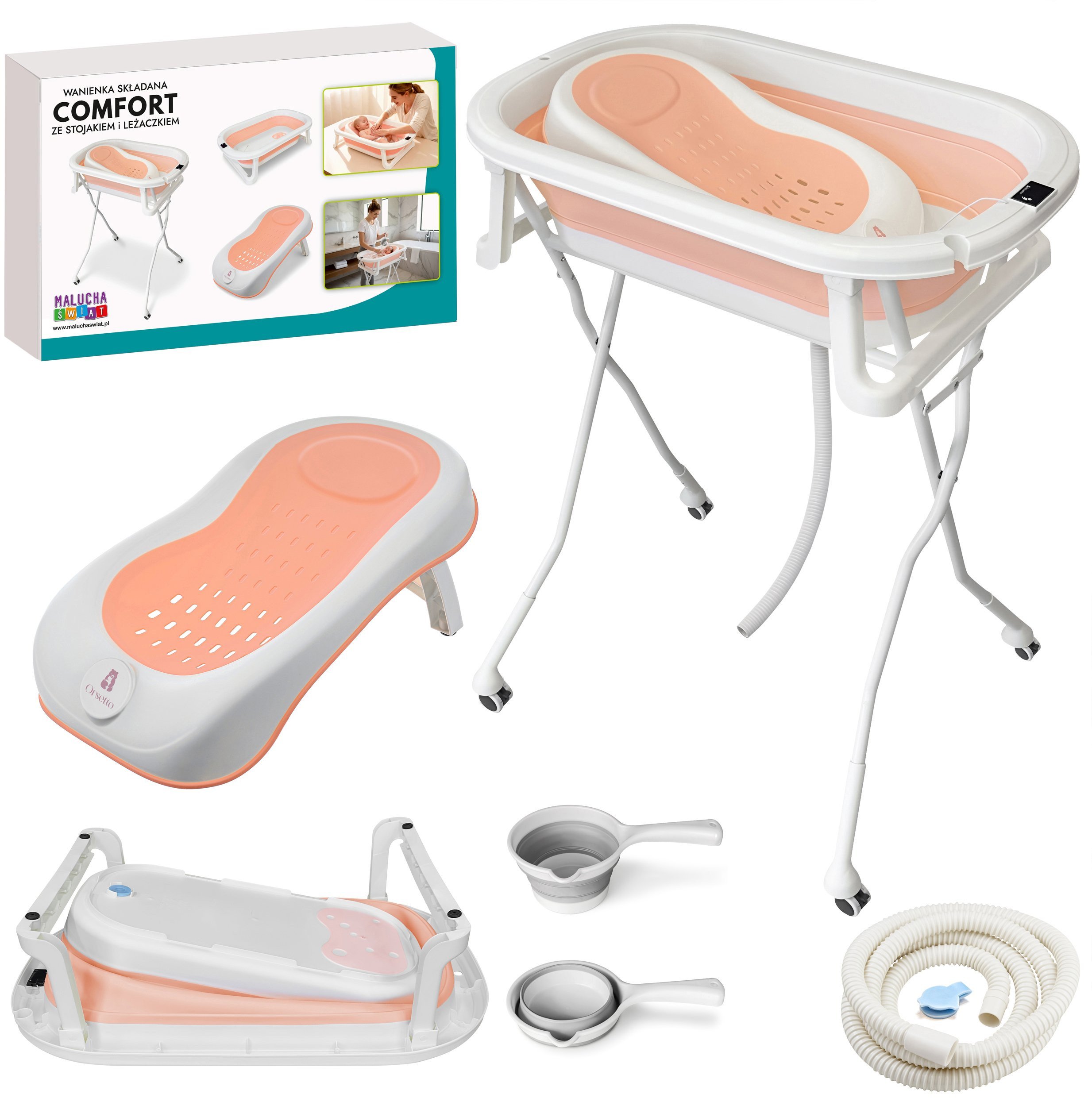 Alogy SKŁADANA WANIENKA COMFORT ZE STOJAKIEM I LEŻACZKIEM ORSETTO RÓŻOWA POLEWACZKA