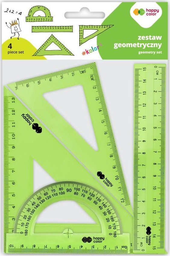 Happy Color Zestaw geometryczny 4 elementy linijka 15cm 2 ekierki 60* 45* kątomierz 180