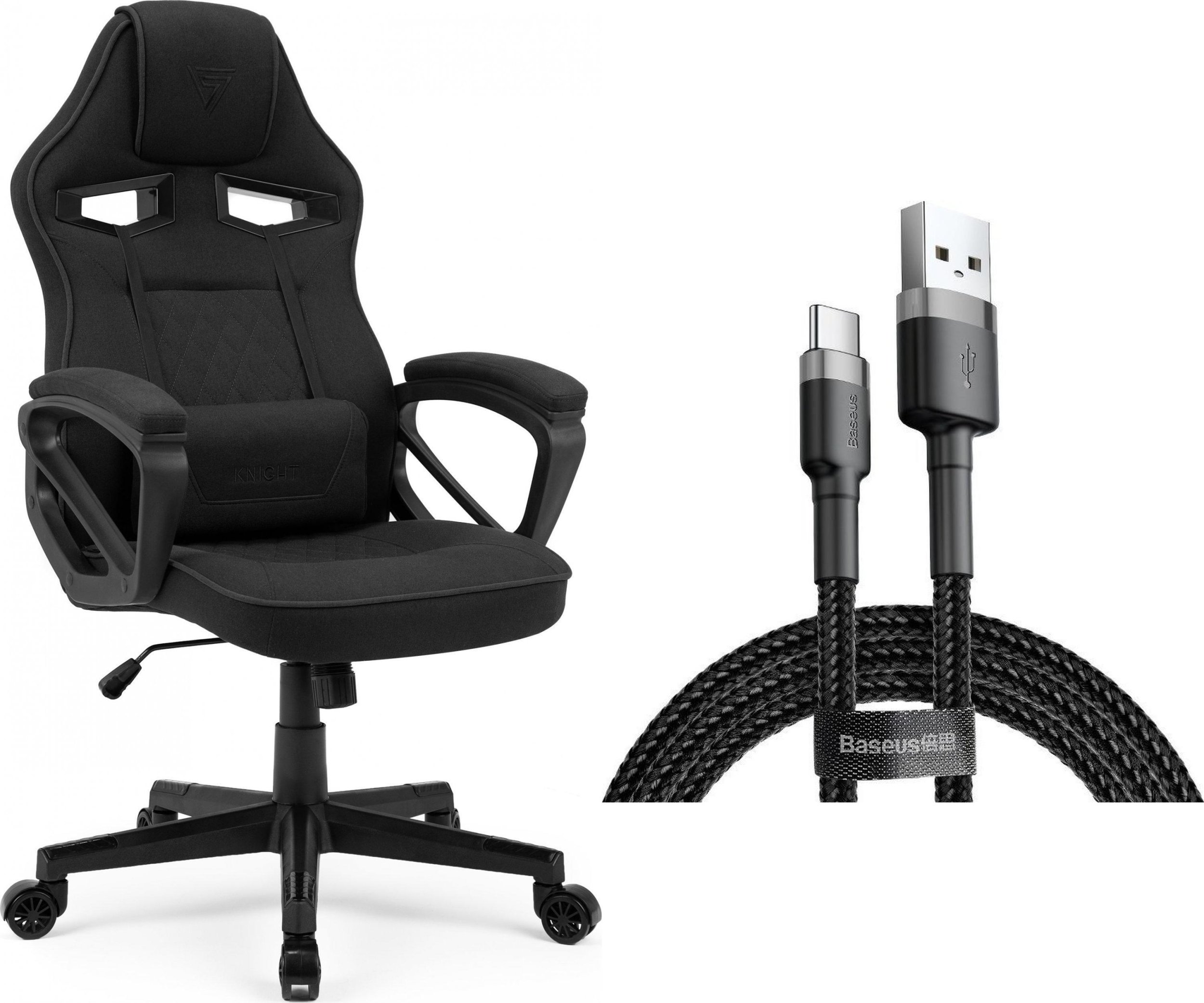Fotel SENSE7 Knight - materiałowy, czarny + kabel usb