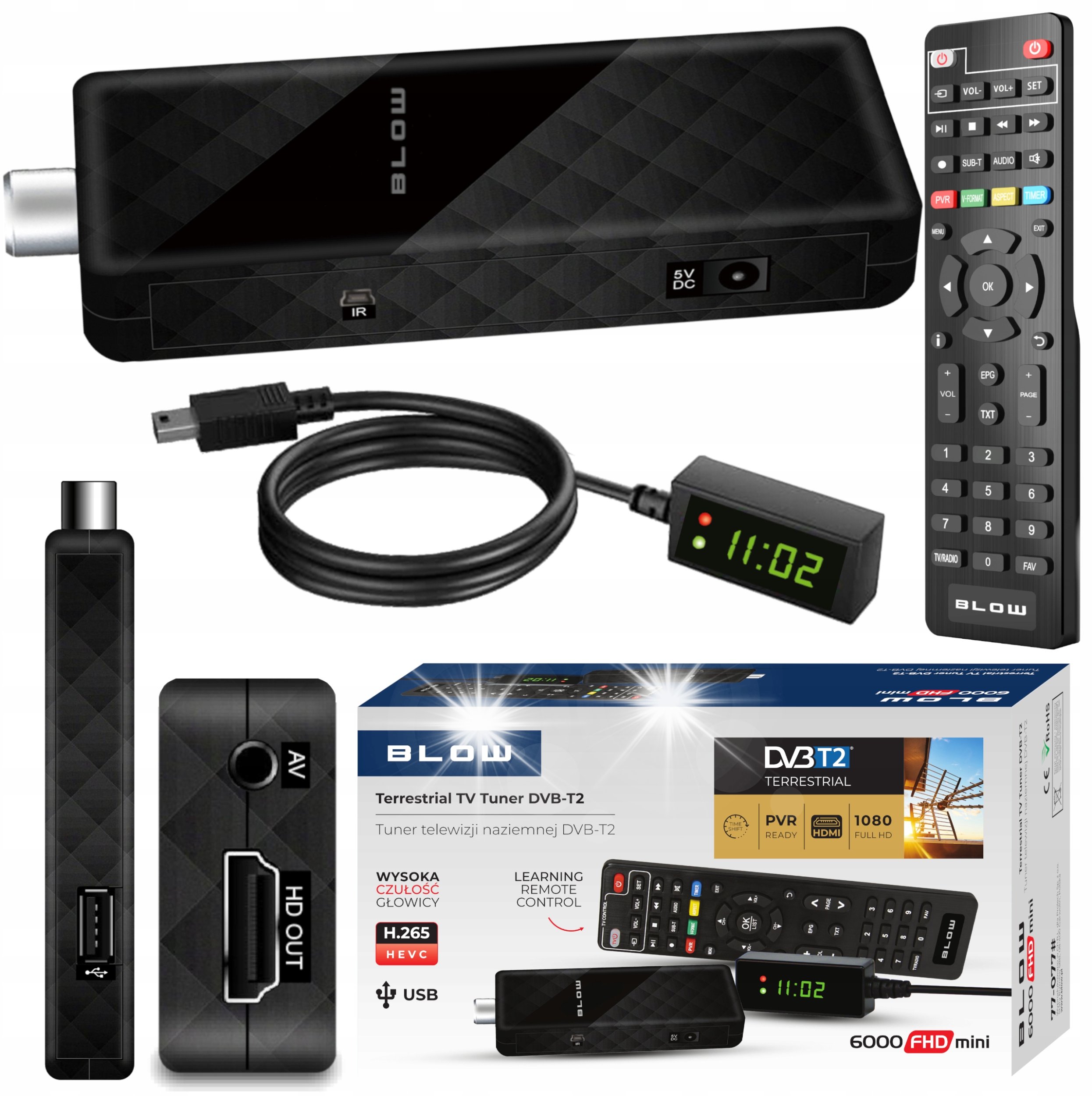Tuner TV Blow DEKODER TV DVB-T2 TUNER HEVC H.265 MINI STICK FULL HD PILOT HDMI USB ZESTAW