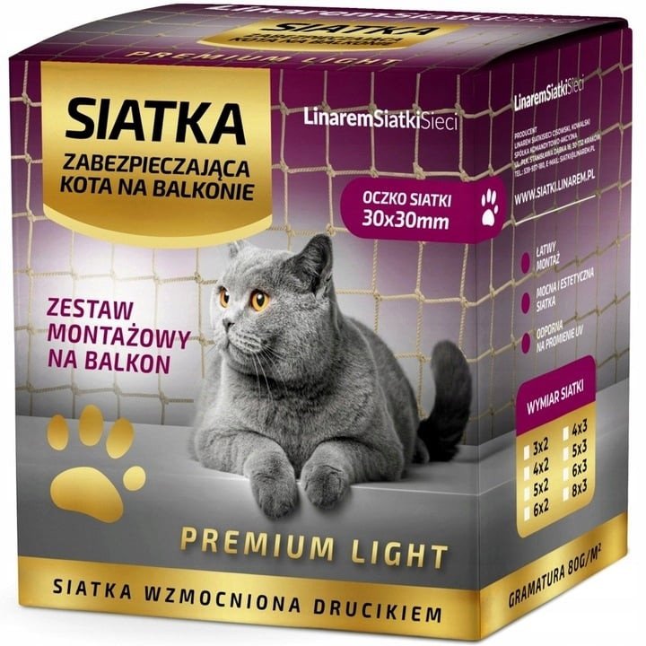 ZESTAW SIATKA PREMIUM LIGHT NA BALKON DLA KOTA 2x3 BEZ WIERCENIA WZMOCNIONA DRUCIKIEM BEZPIECZNE KOTY