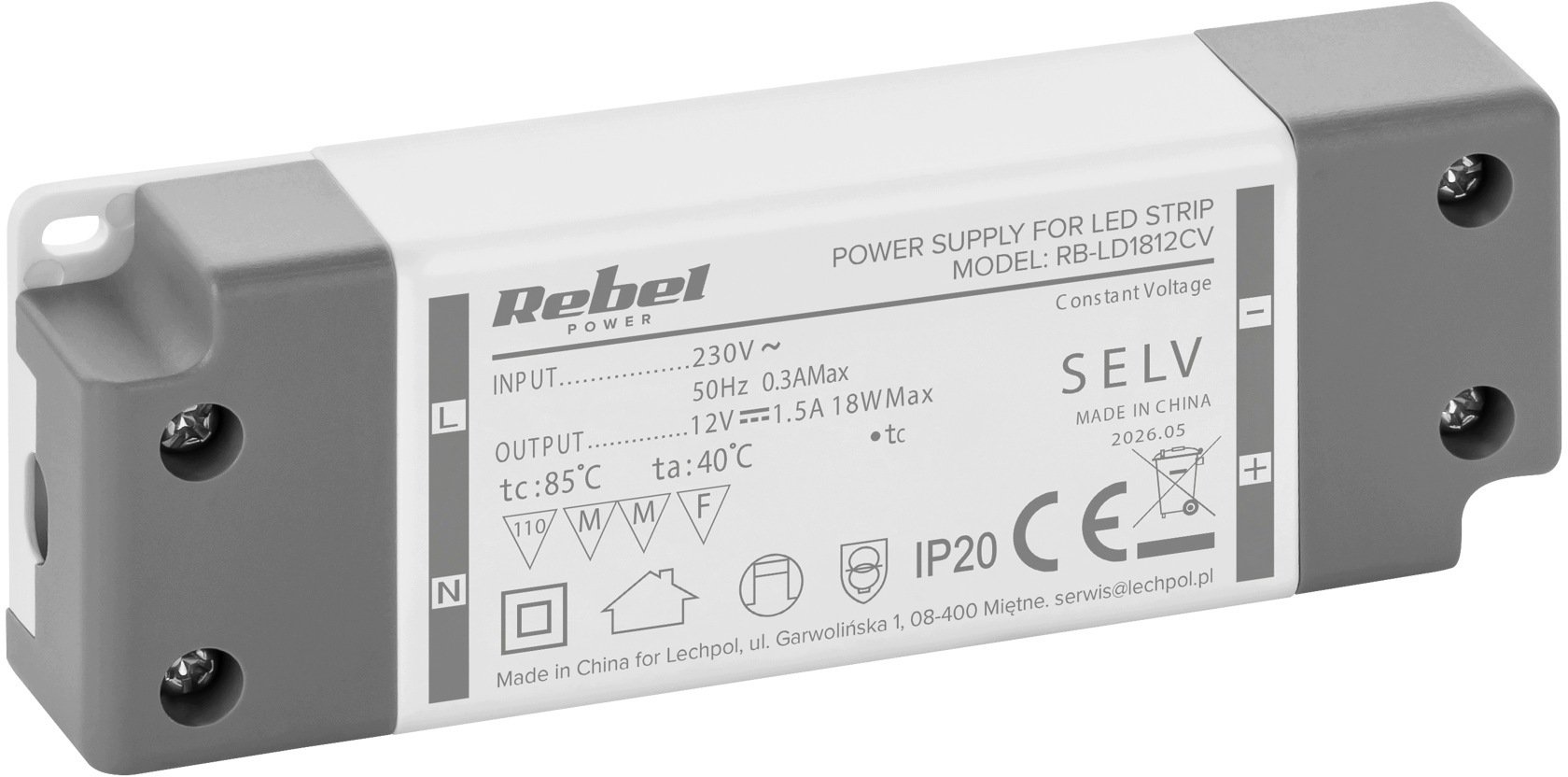 Rebel Zasilacz do sznurów LED 12V/1.5A max.18W IP20 (RB-LD1812CV)