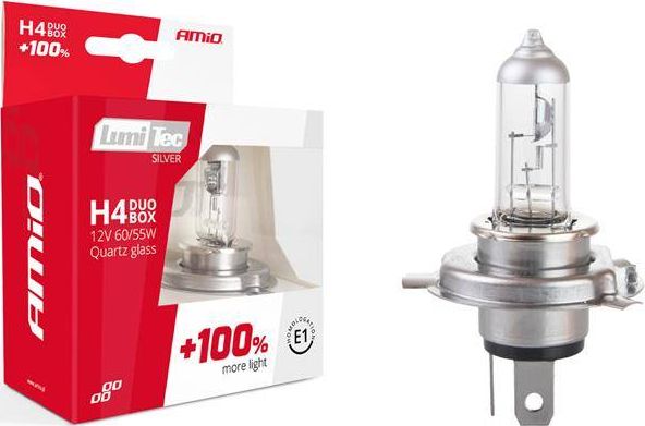 AMiO Zestaw żarówek halogenowych H4 12V 60/55W LumiTec SILVER +100% DUO BOX