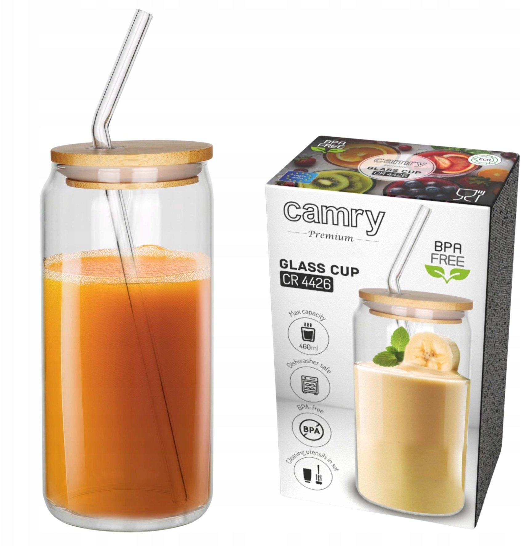 Adler -AV ADLER CR 4426 - Szklany kubek z pokrywą i słomką