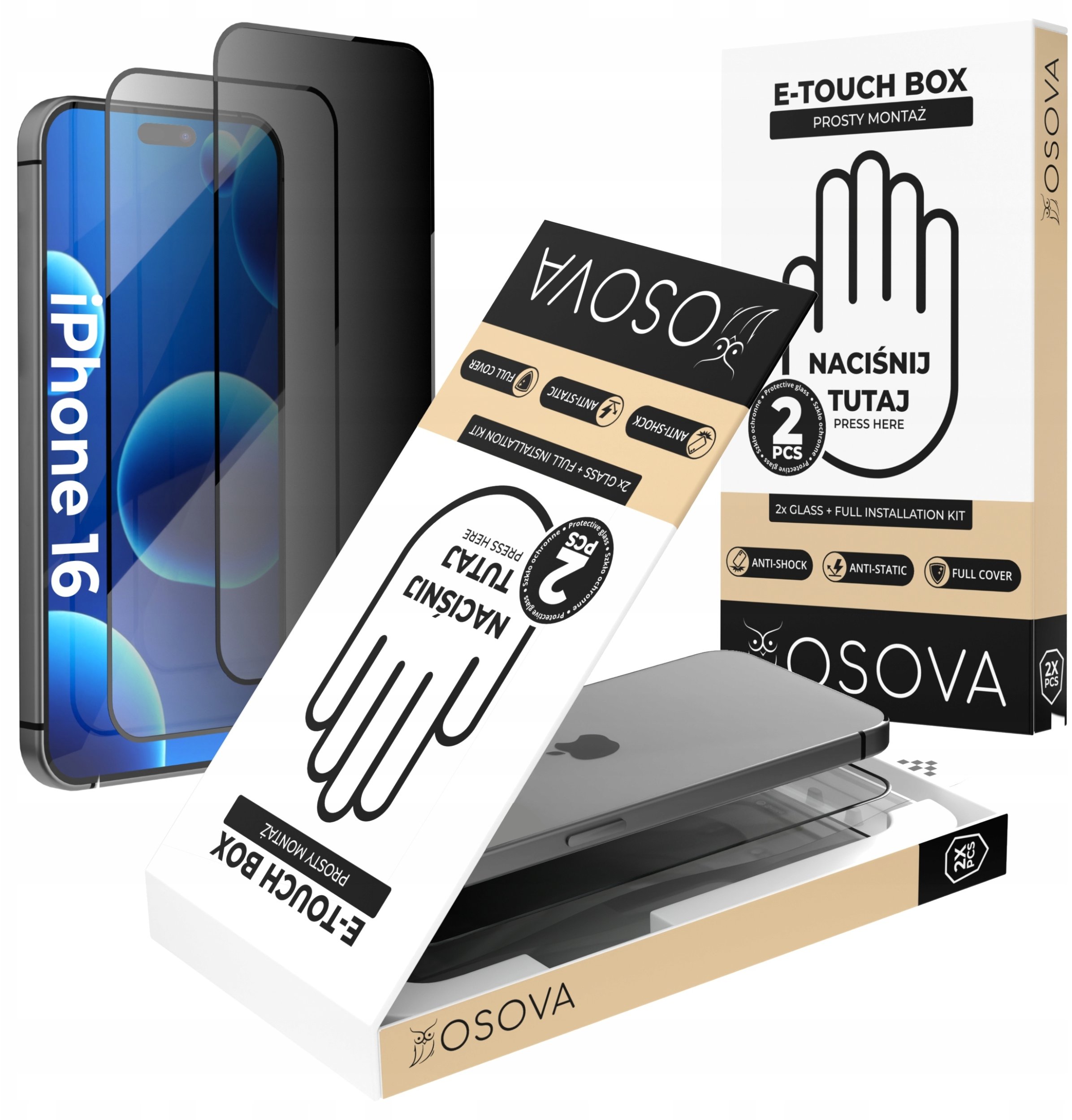 OSOVA SZKŁO PRYWATYZUJĄCE OSOVA do iPhone 16 SZYBKA Z APLIKATOREM zestaw 2 sztuki