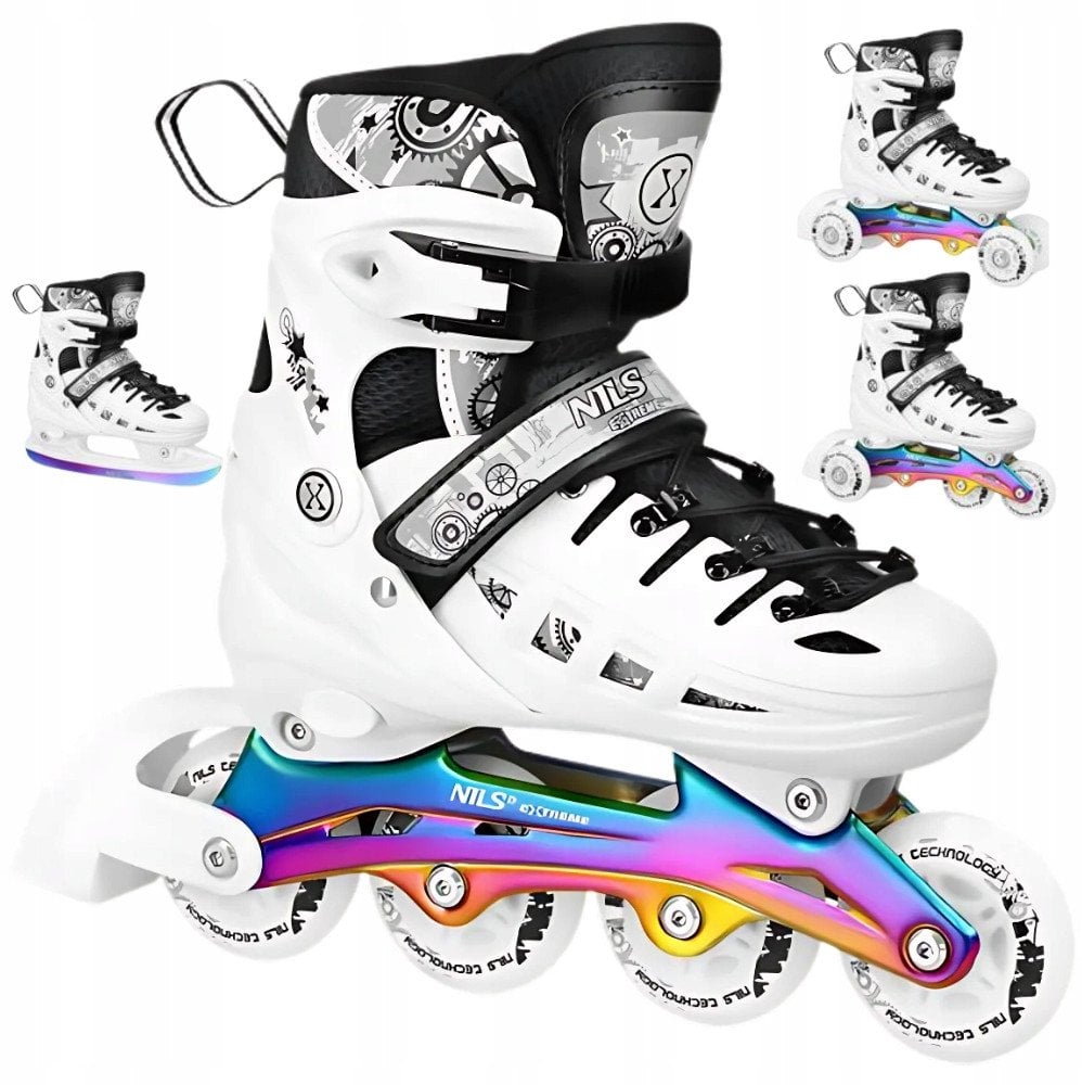 NH10905 4w1 ŁYŻWOROLKI LED BIAŁE Z WYM. PŁOZĄ HOKEJOWĄ RAINBOW ROZM. L(39-42) NILS EXTREME