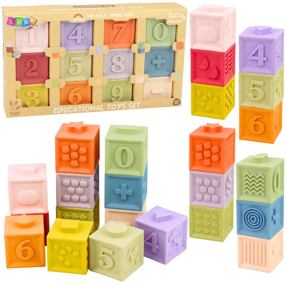 LeanToys Zestaw Gumowe Klocki Edukacyjne Sensoryczne Cyfry i Faktury 12 el.