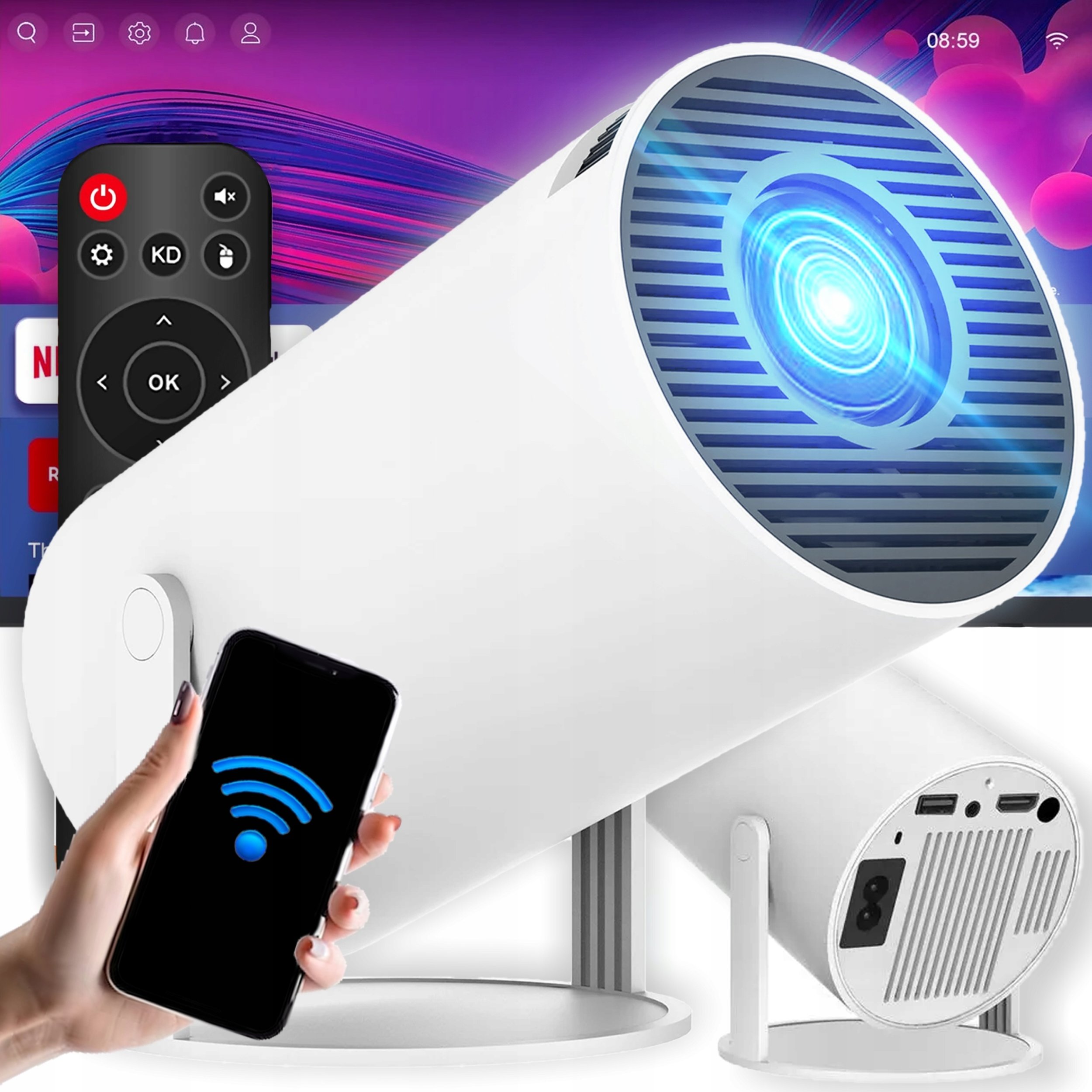 PROJEKTOR RZUTNIK WIFI ANDROID PRZENOŚNY OBROTOWY SMART 4K GŁOŚNIK BT 5.0